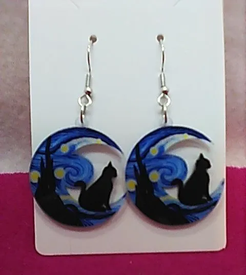Product image for EC1. Earrings Cat Moon Shape Starry Sky Acrylic Double Sided Pierced NWT
