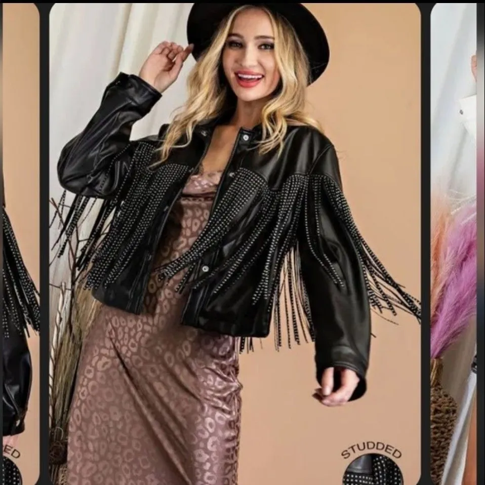 Product image for Studded Fringe Black Faux Leather Women's Jacket Size Large 