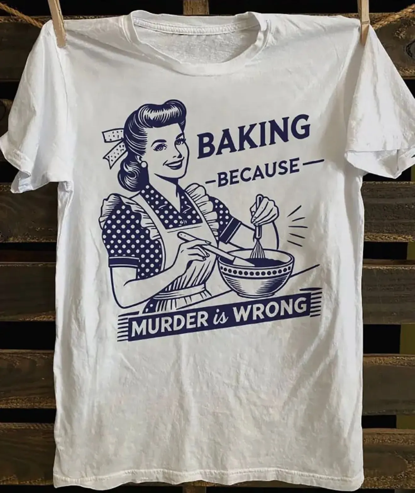 Product image for "Baking Because Murder is Wrong" Retro-style Women's L T-shirt, New in package
