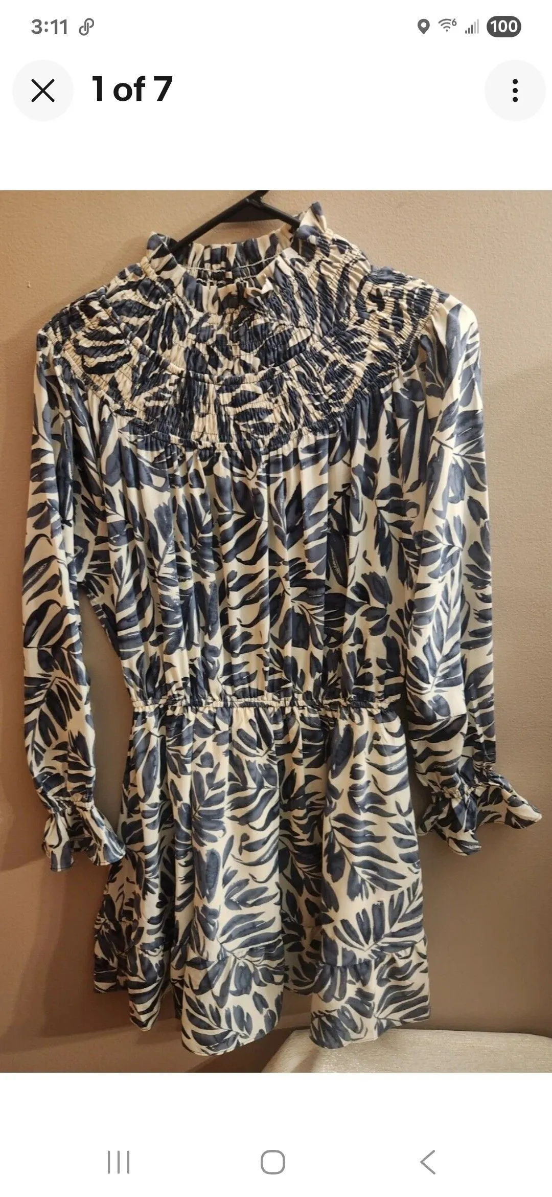 Product image for 021. Size S NWT Kori America Mock Neck Blue White Floral Dress Long Ruffled Sleeves