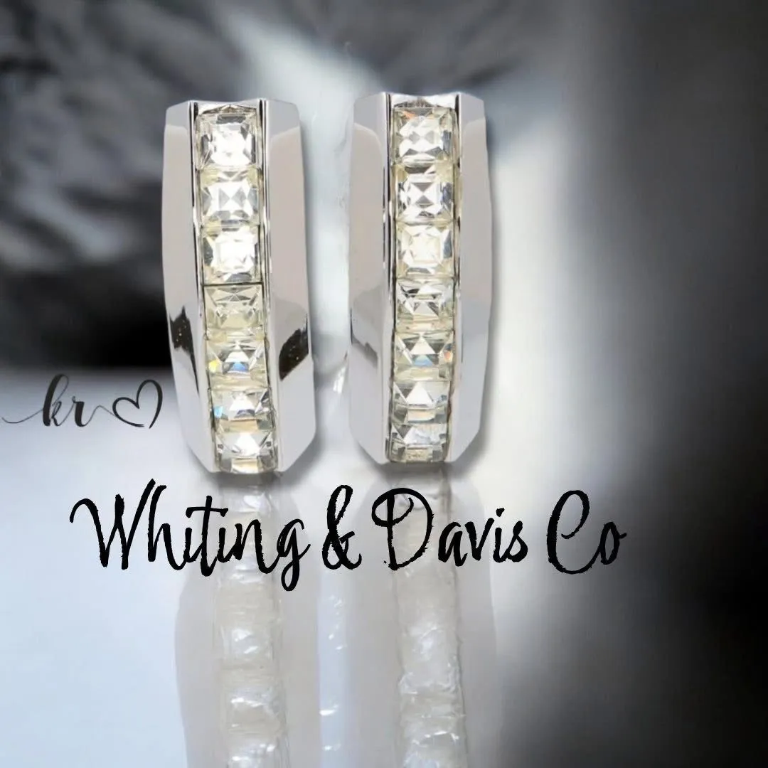 Product image for 1950’s Whiting & Davis Co Rhodium Plated Pave’ Rhinestones Clip-On ½” Climber Earrings