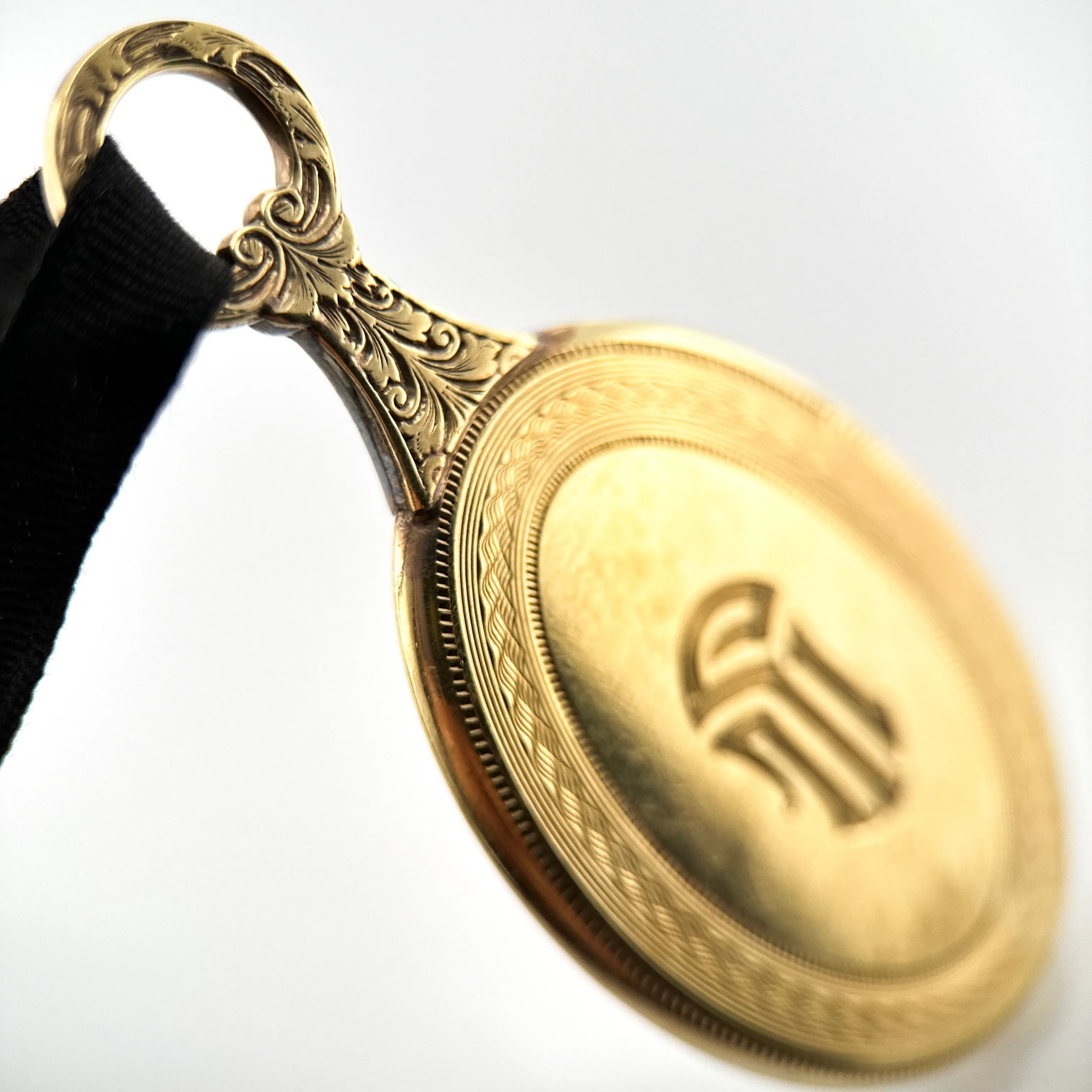 Product image for Victorian 14k Gold, Beautiful Small Mirror, Strung on Ribbon with Floral and Geometric Engraving 2 1/4" x 1"  YYW0026