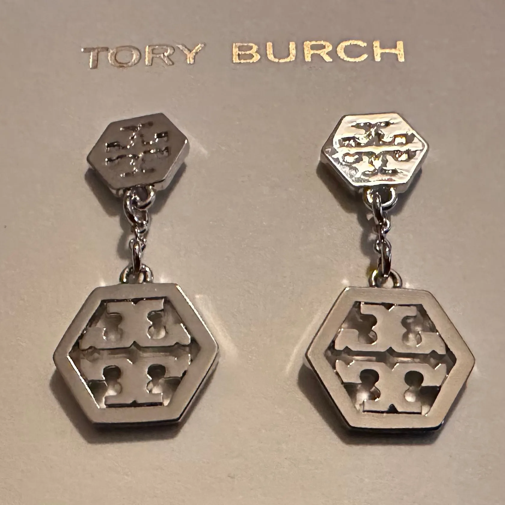 Product image for New Tory Burch Hexagon Logo Drop Earrings Silver