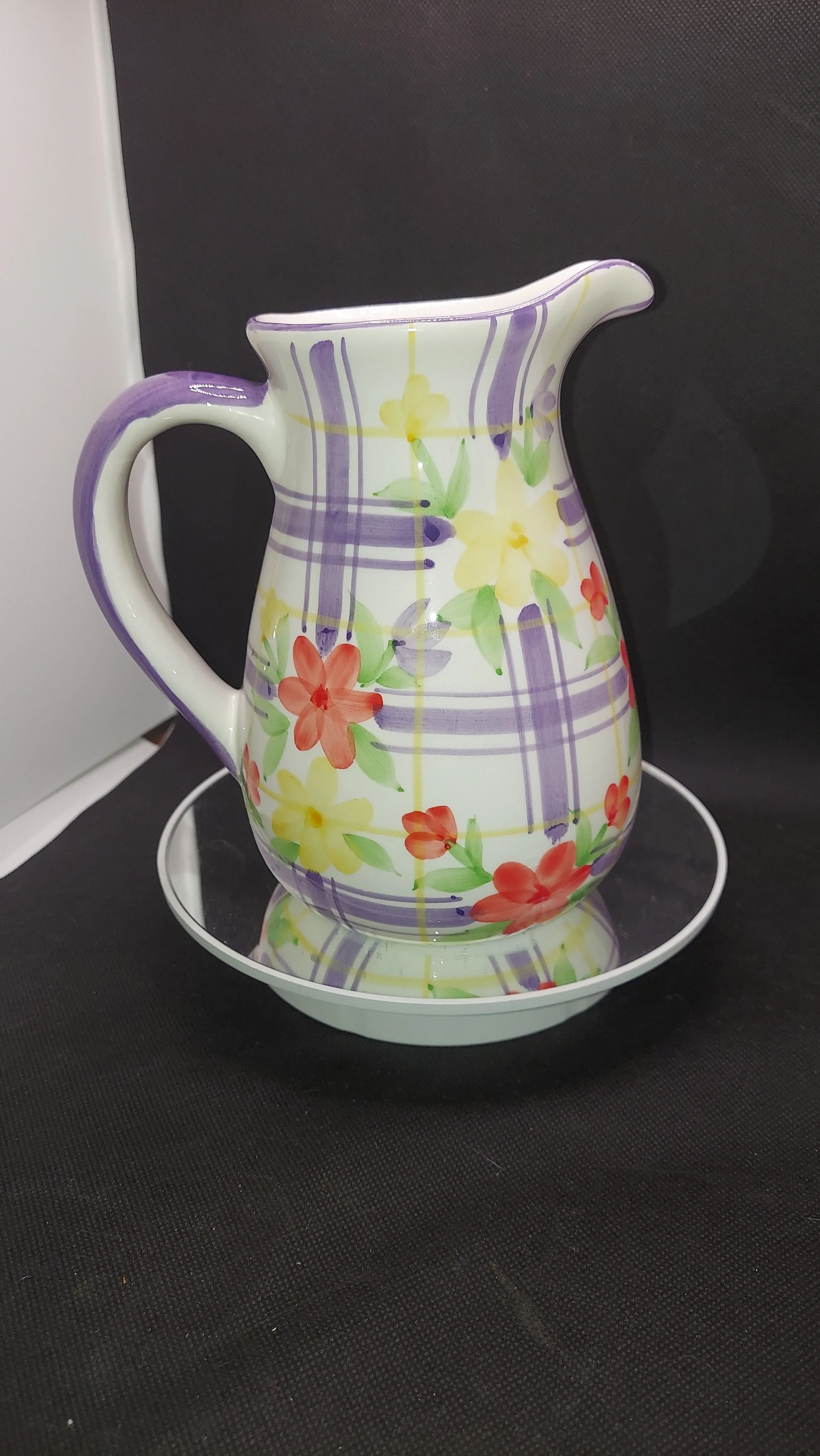 Product image for Vintage Floral PITCHER VASE Purple Plaid Flowers Home Decor Serving Kitchen