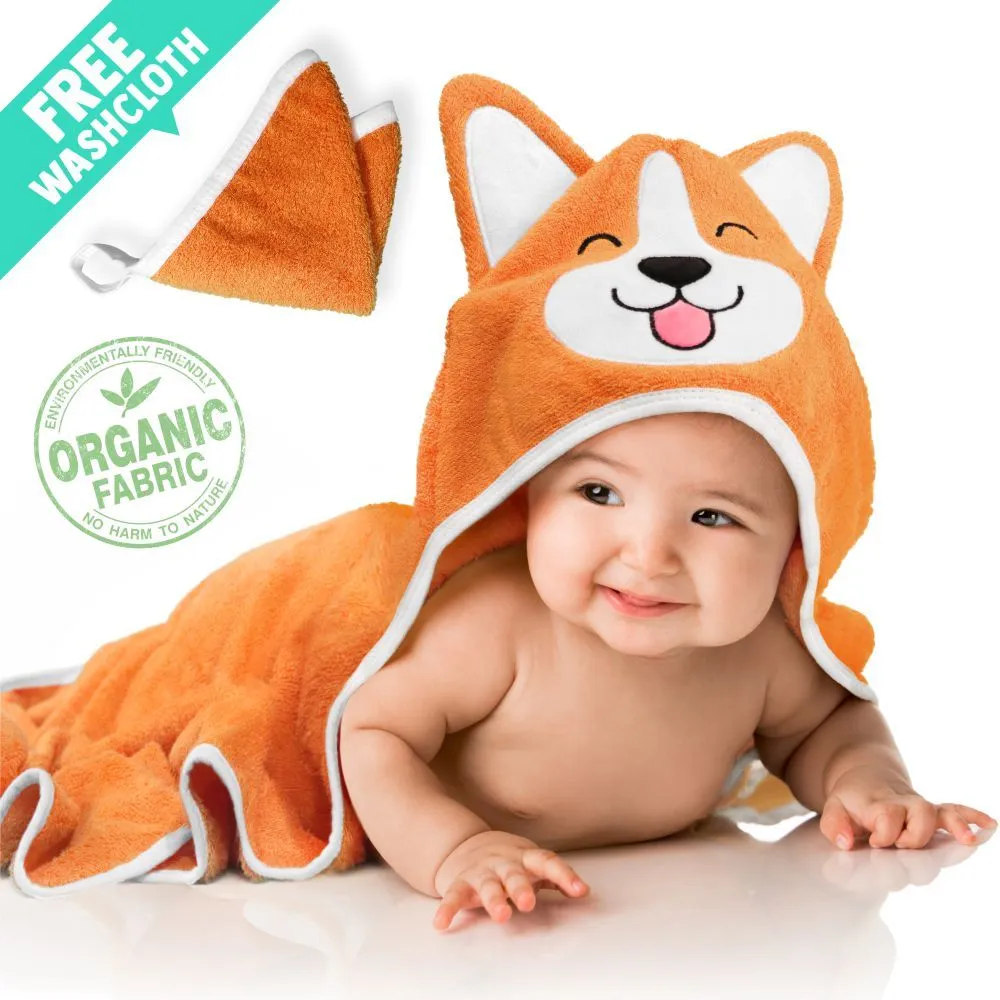 Product image for Corgi Dog Hooded Baby Towel Made From Organic Bamboo | Free Washcloth | All Ages |  Unisex | NEW