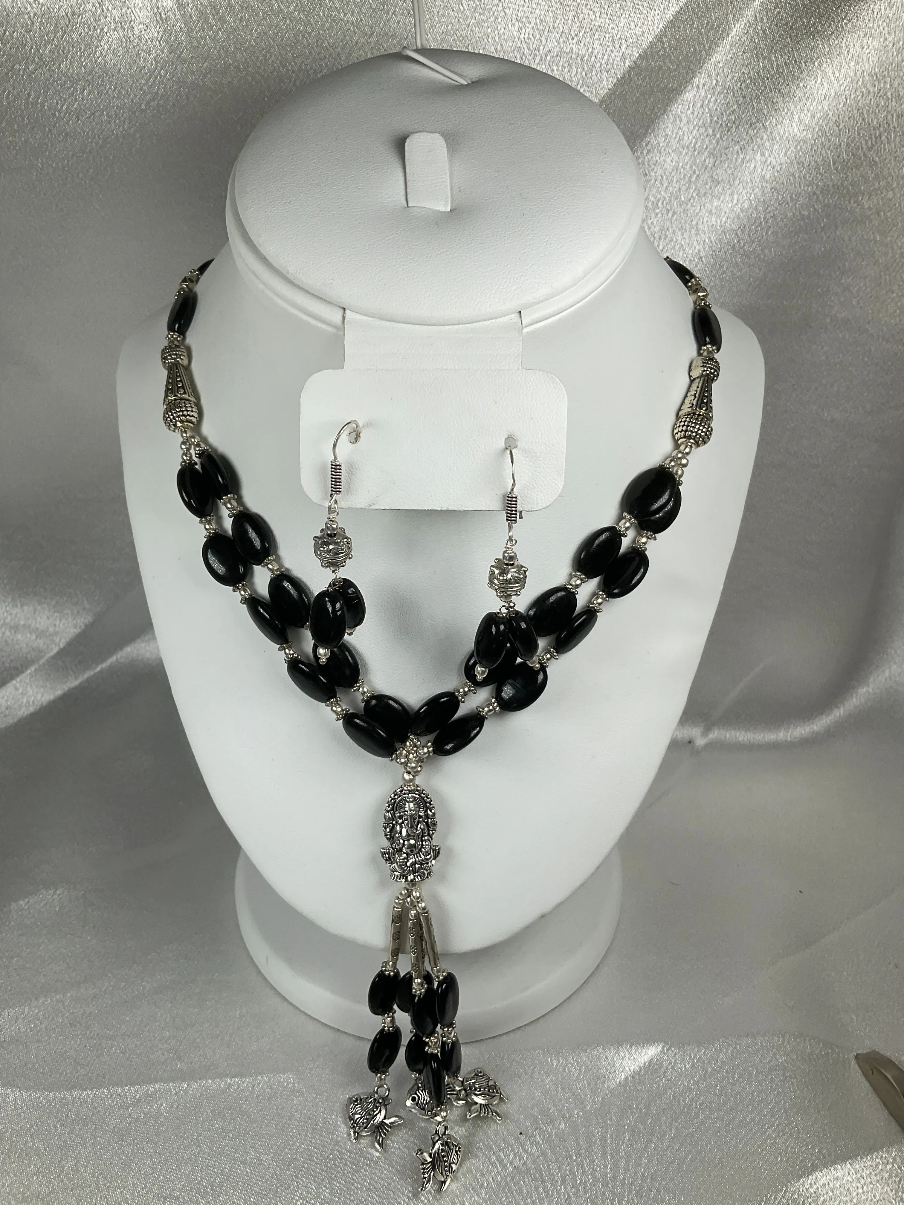 Product image for #1-1 🖤 Black Onyx Necklace & Earring Set with Fish Charms
