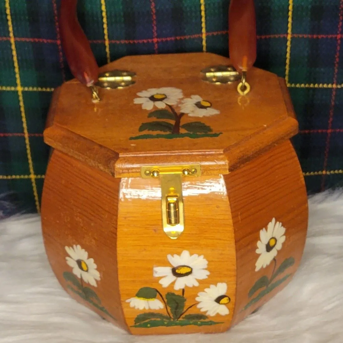 Product image for Wooden Box Purse  / Vintage Wooden Hand Bag / Hand Painted Flowers / Decorative Box / Basket