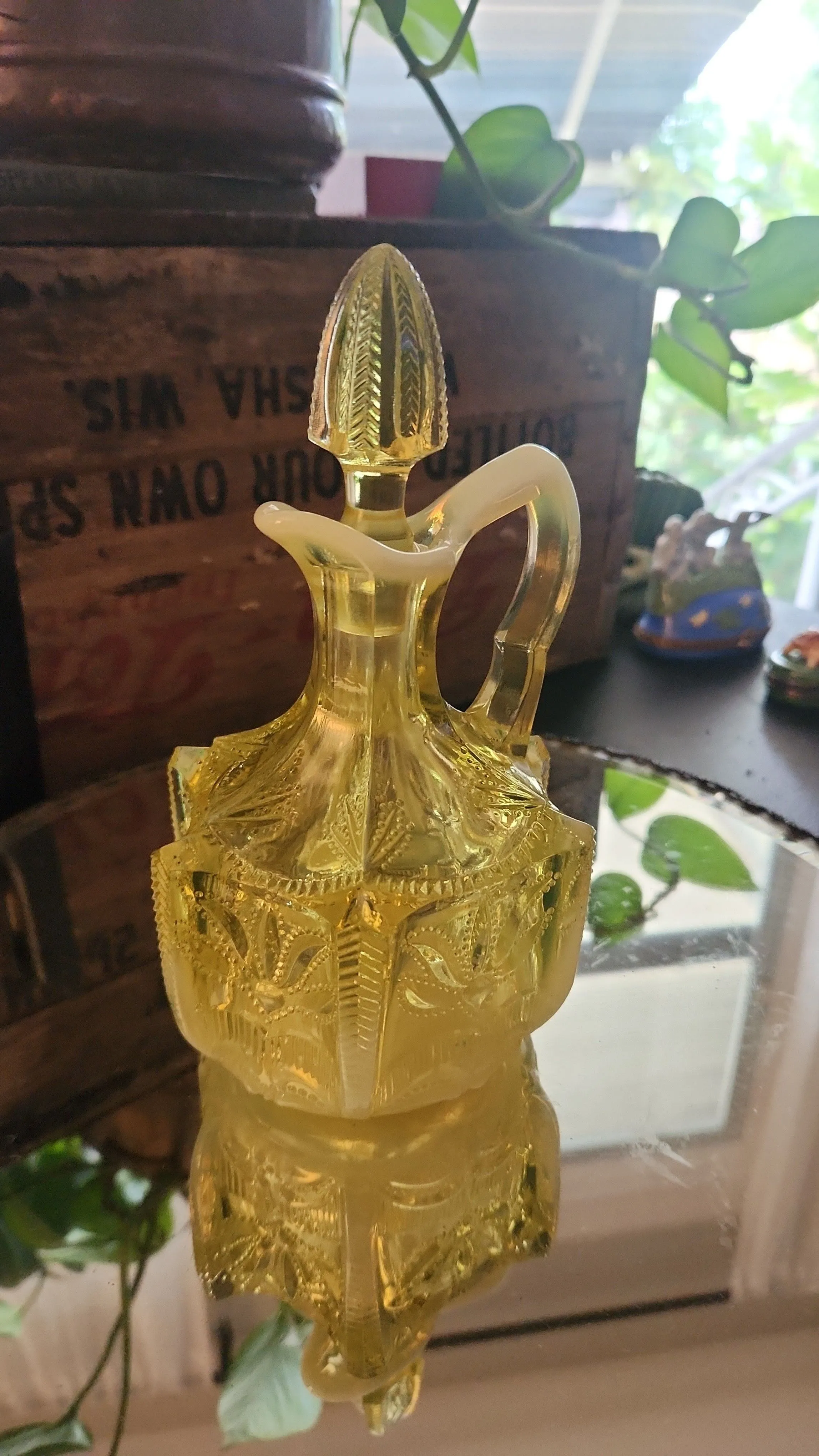 Product image for Fenton Yellow Topaz Opalescent Vaseline Glass Cactus Pattern Cruet. 