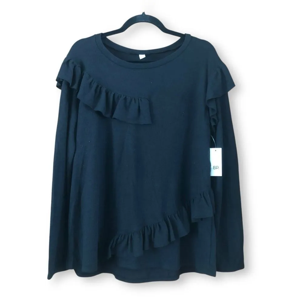 Product image for BP Black Asymmetrical Ruffle Long Sleeve Top NWT Size Large