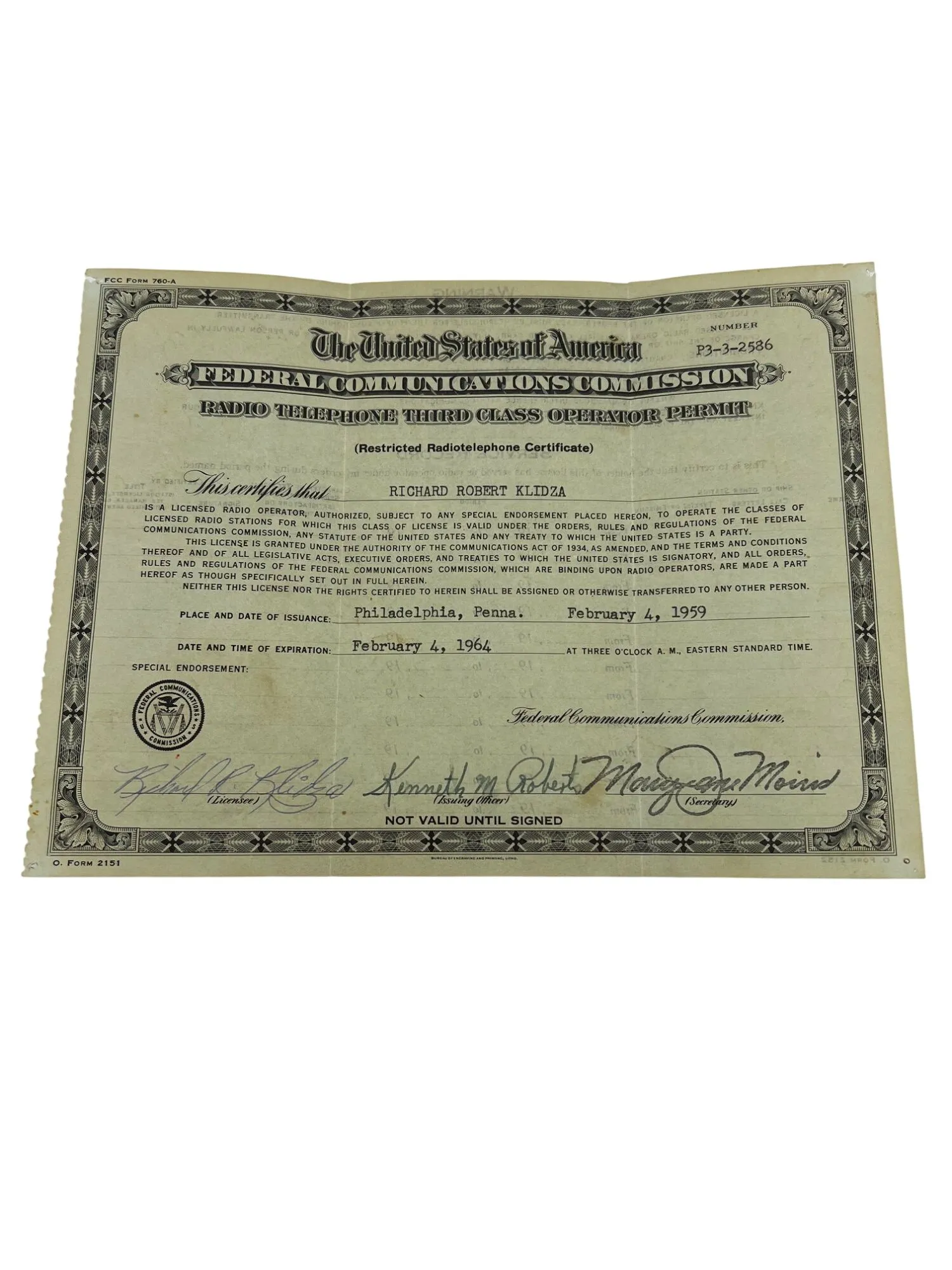 Product image for Vintage FCC Radio Telephone Third Class Operator Permit Certificate 1959 USA