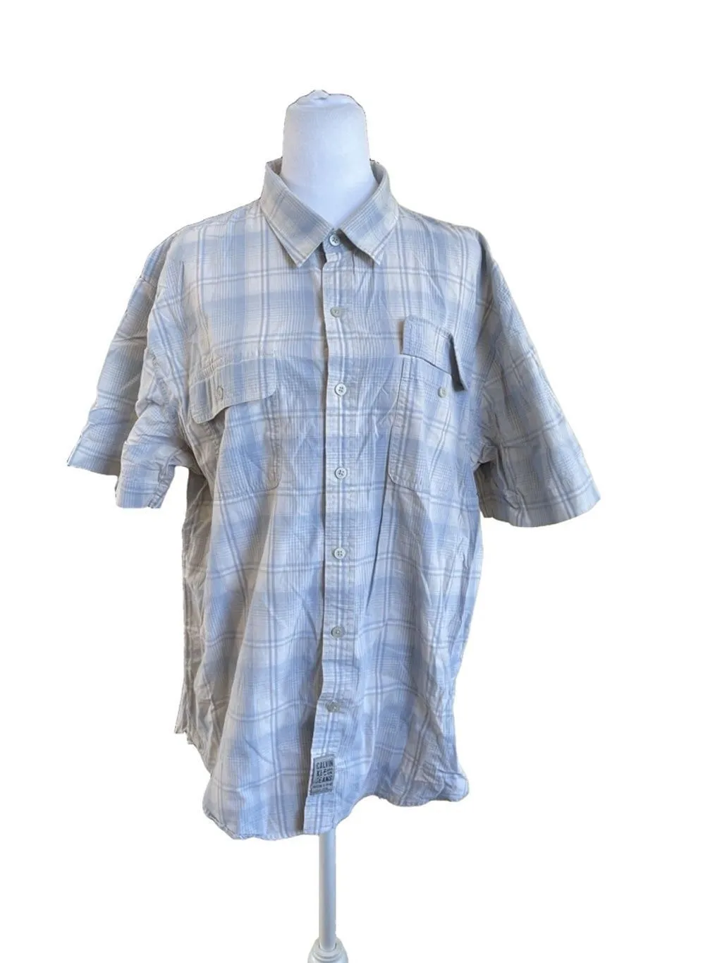 Product image for Men's Calvin Klein Jeans Shirt, XL, Beige & Blue Plaid