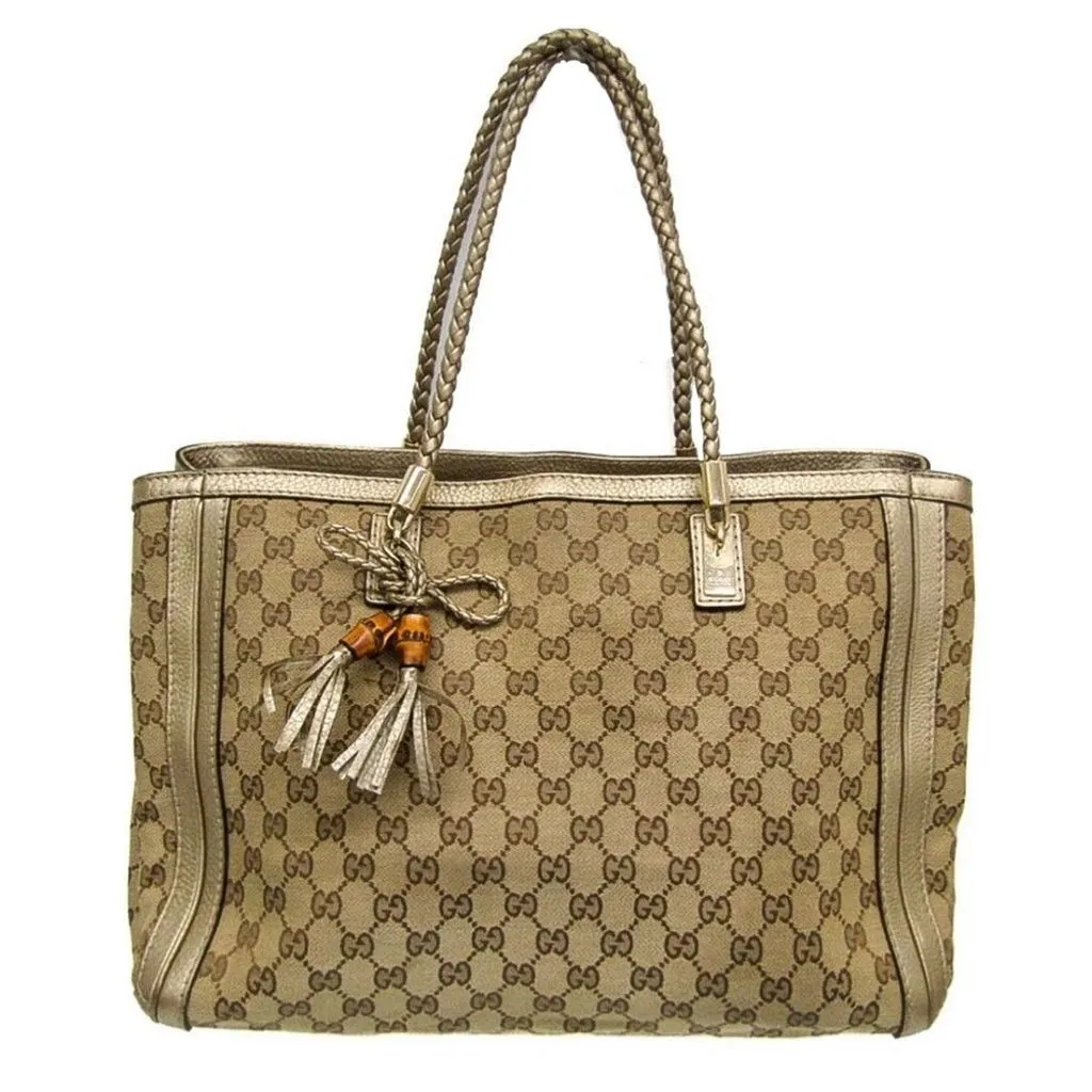 Product image for GUCCI Bella GG Canvas Leather Shoulder Bag Braided Leather Strap & Bamboo Tassel