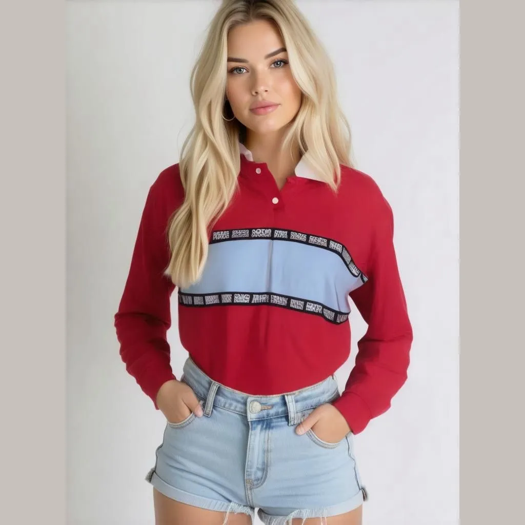 Product image for Women's Victoria's Secret PINK Polo Shirt Size M Red White Long Sleeve