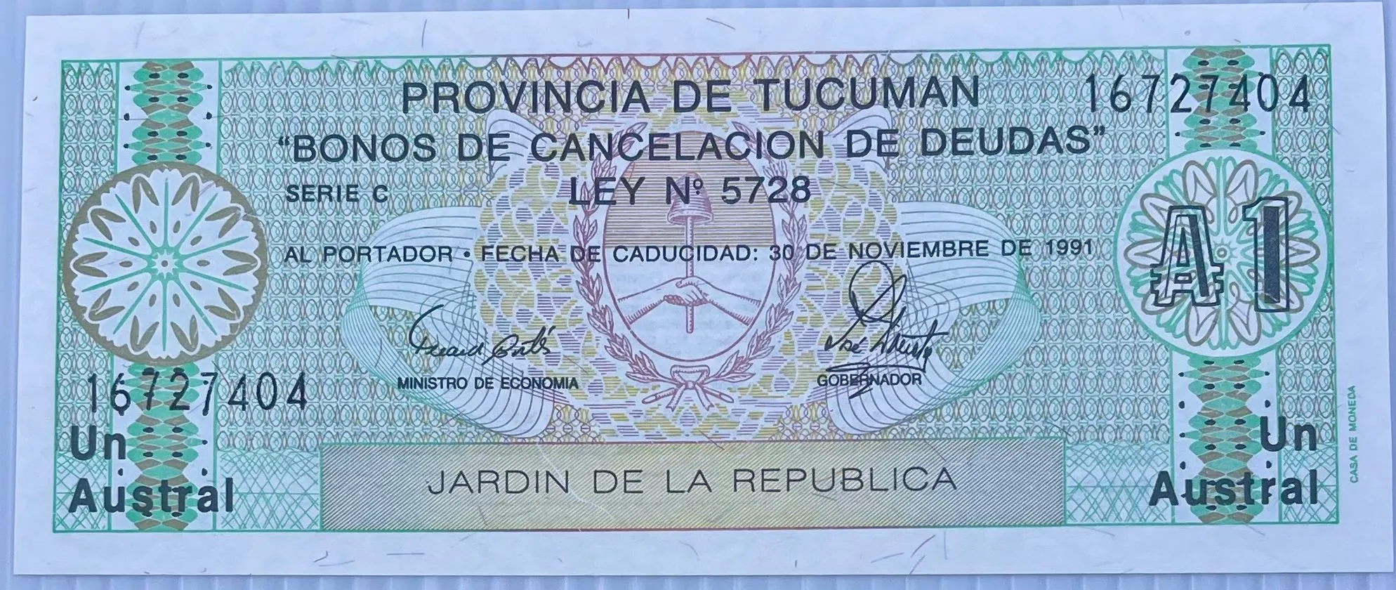 Product image for 1991 Argentina 1 Austral  S2711 UNC Banknote