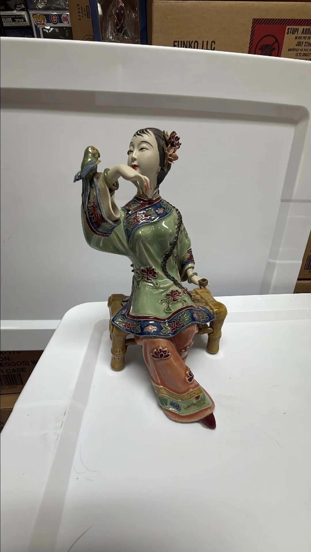 Product image for Chinese Wucai Porcelain Pottery Lady Bird Lucky Happy Flower Statue