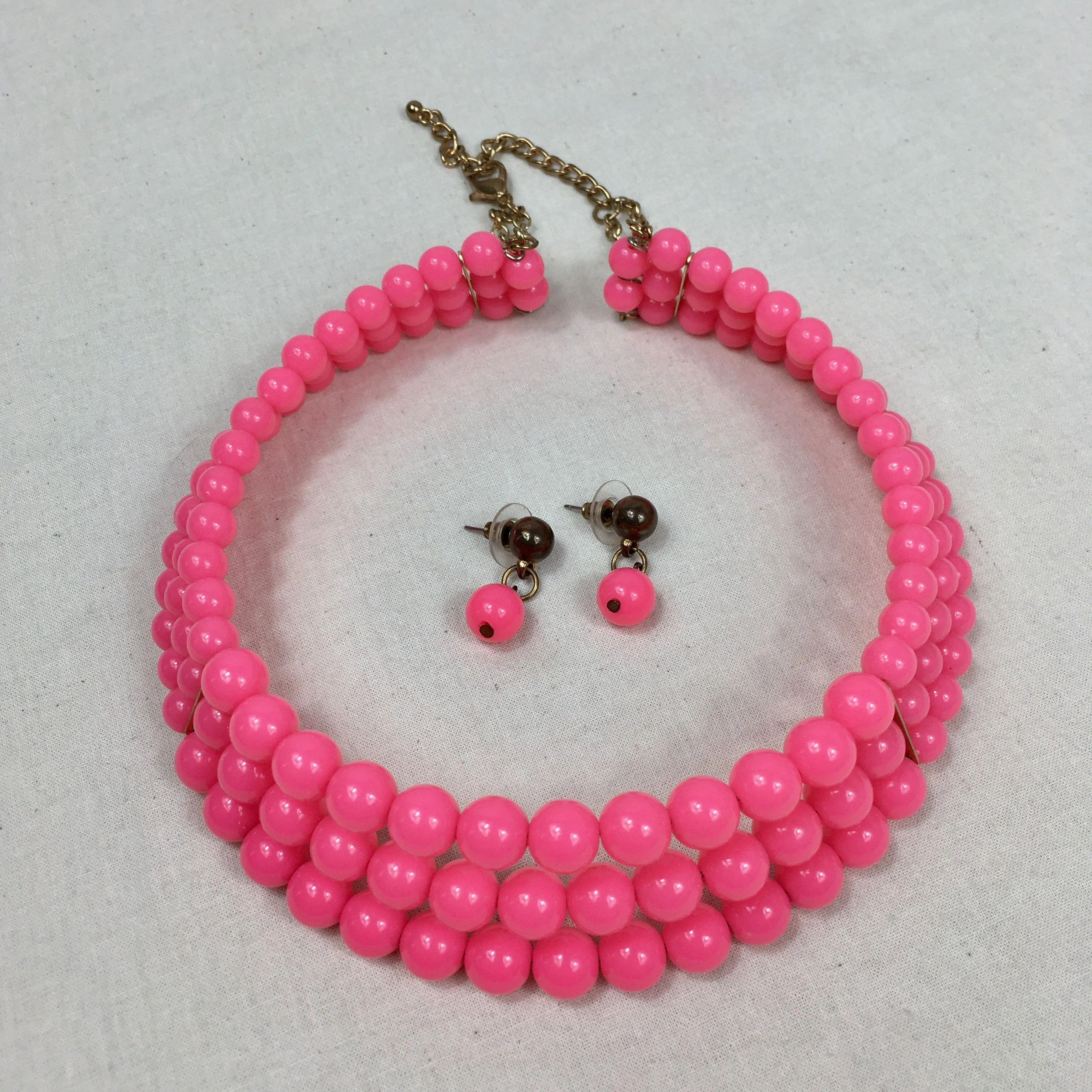 Product image for Vintage Neon Pink Demi Parure Set Necklace Choker Earrings Dangle Pierced Gold Tone