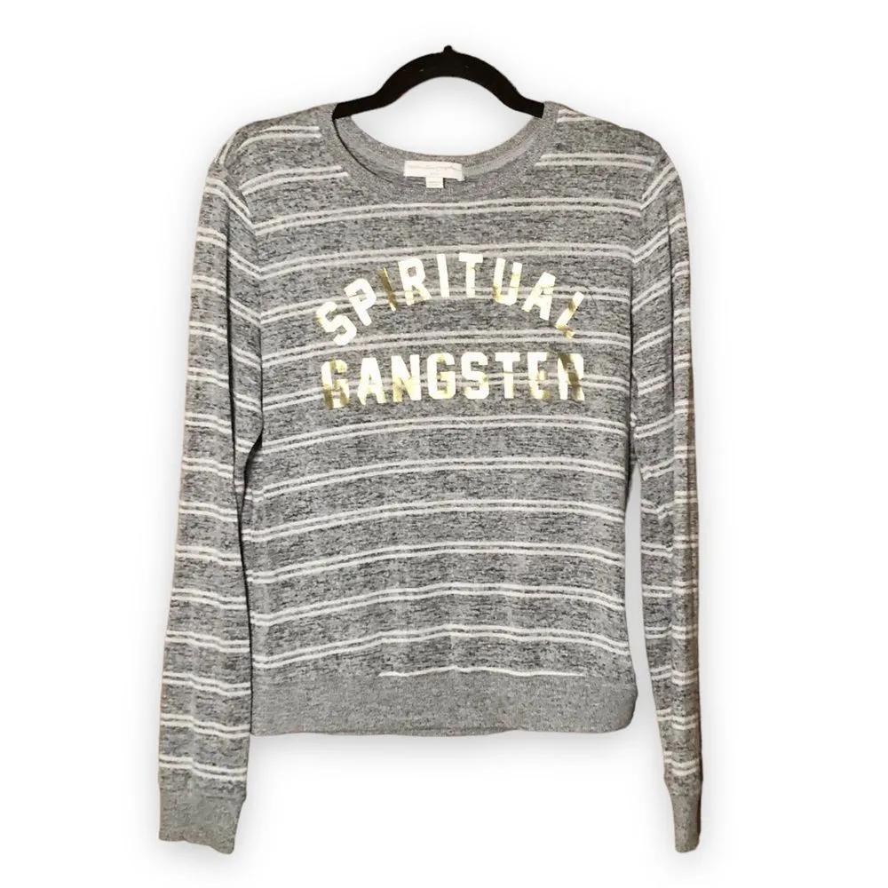 Product image for Spiritual Gangster Collegiate Arch Gold Metallic-Logo Sweatshirt Gray Stripes Size Medium