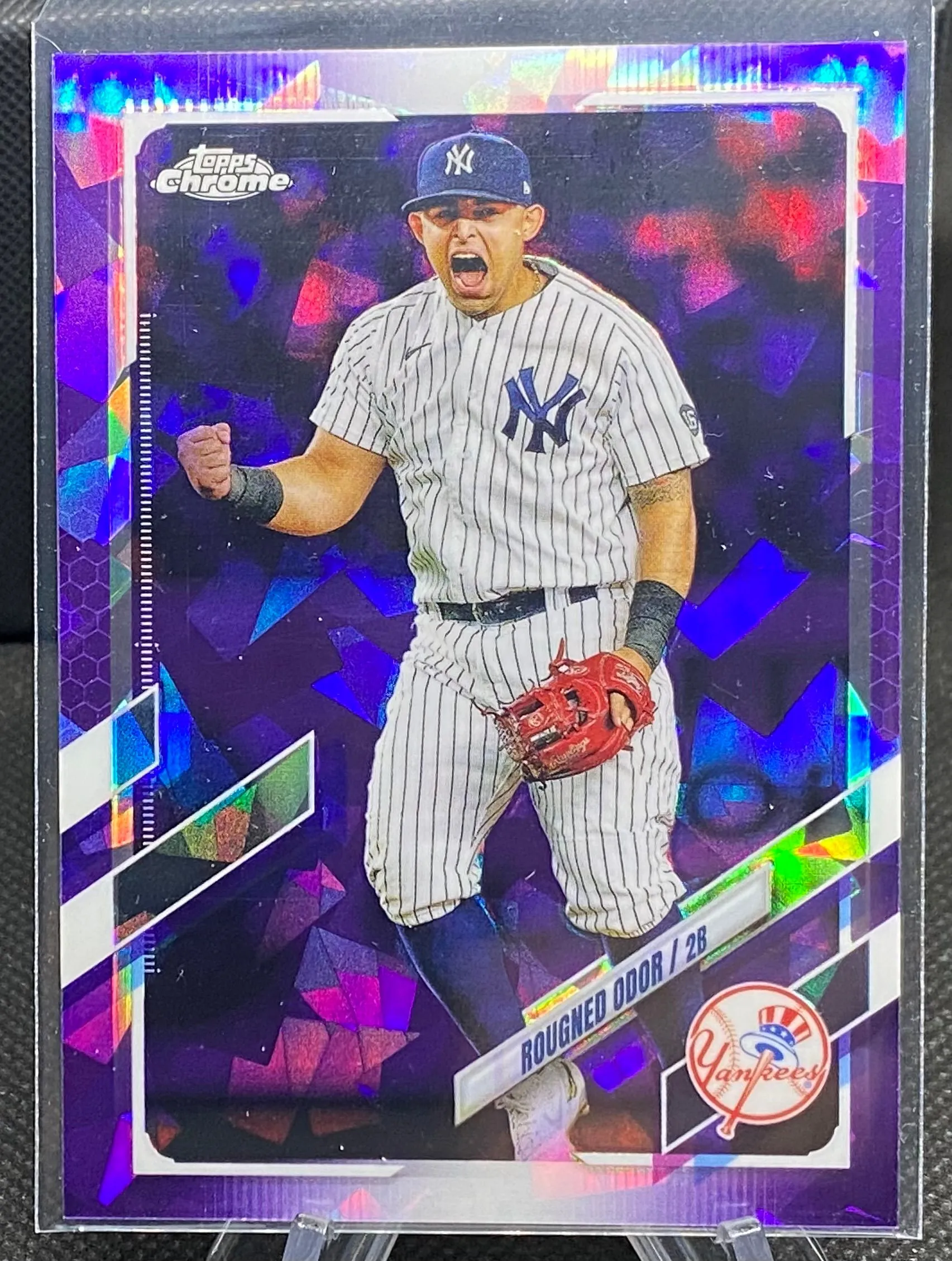 Product image for ROUGNED ODOR ~ 2021 Topps Chrome Update Sapphire Purple Cracked Ice #US258 SSP #'d 6/10 [New York Yankees]