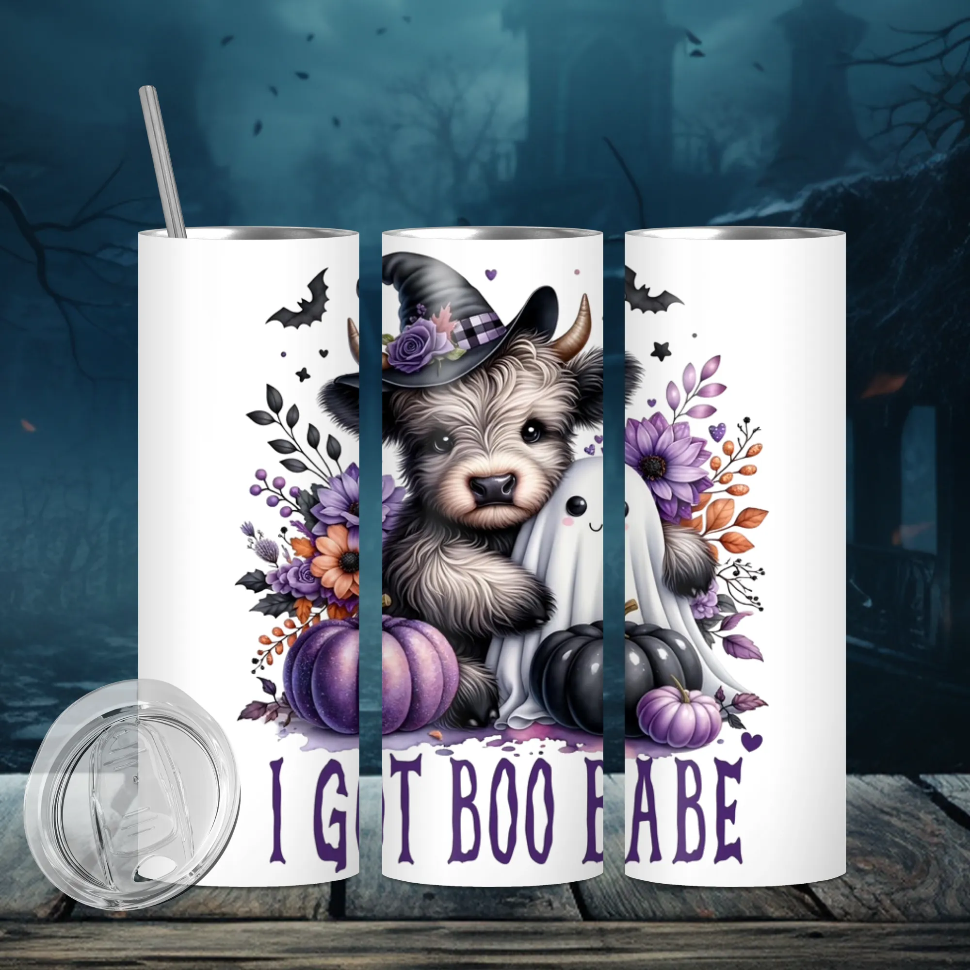 Product image for I got boo babe, highland cow, halloween 20oz reusable stainless steel tumbler with lid and straw