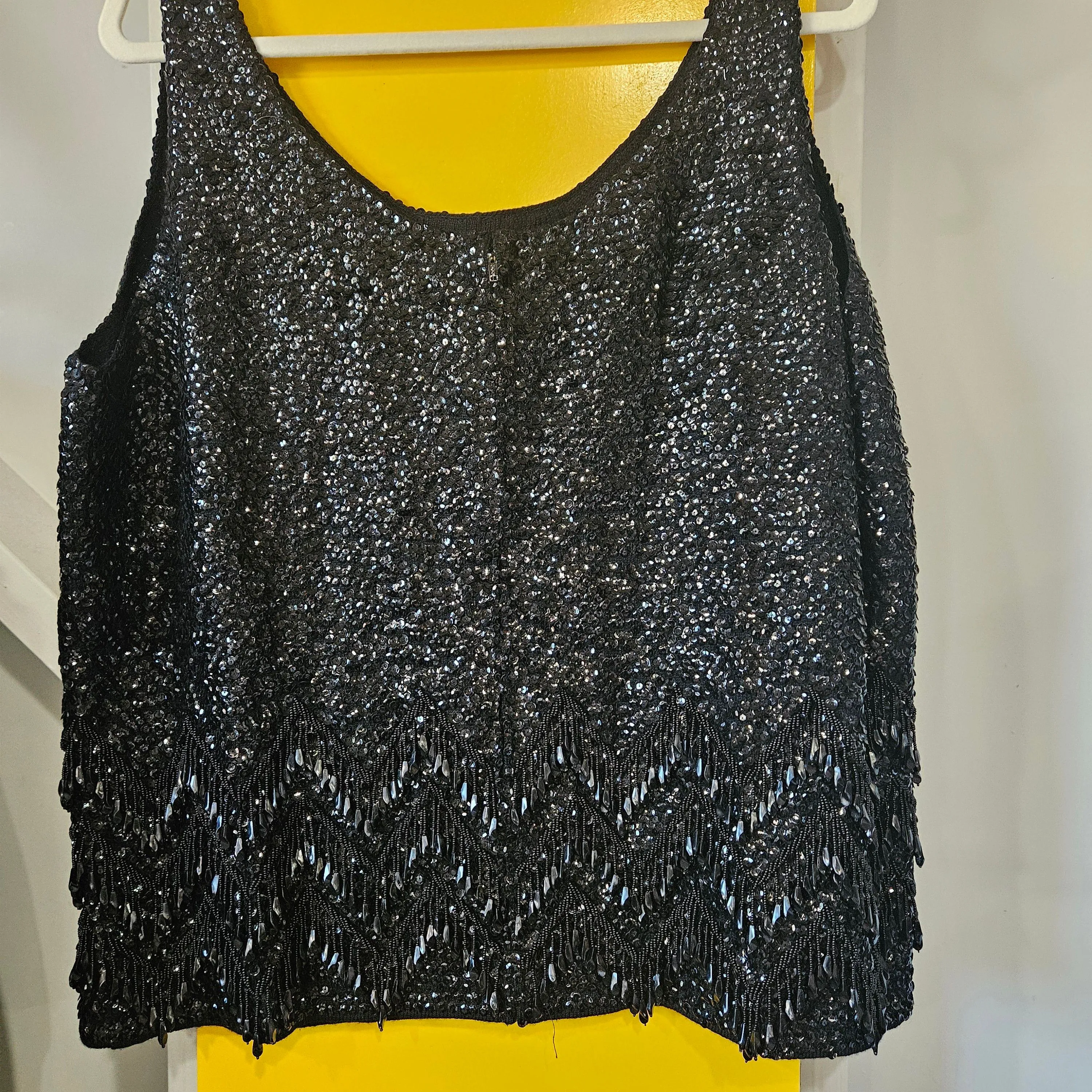 Product image for STUNNING Vintage 60's Beaded Glam Cocktail Tank Top with Black Sequins, XL, Plus Size