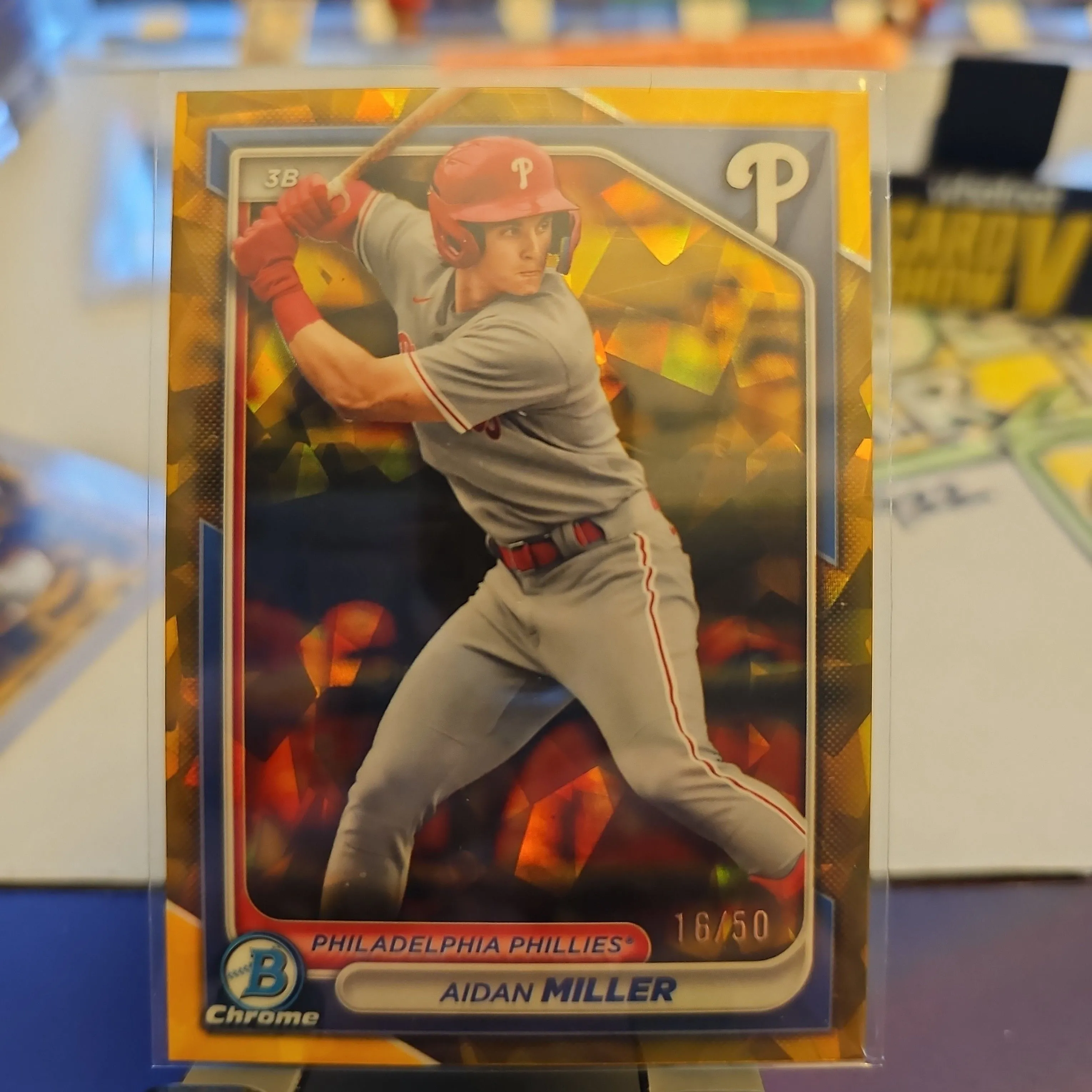Product image for Aiden Miller - /50 Gold Sapphire 2024 Bowman Chrome - Phillies