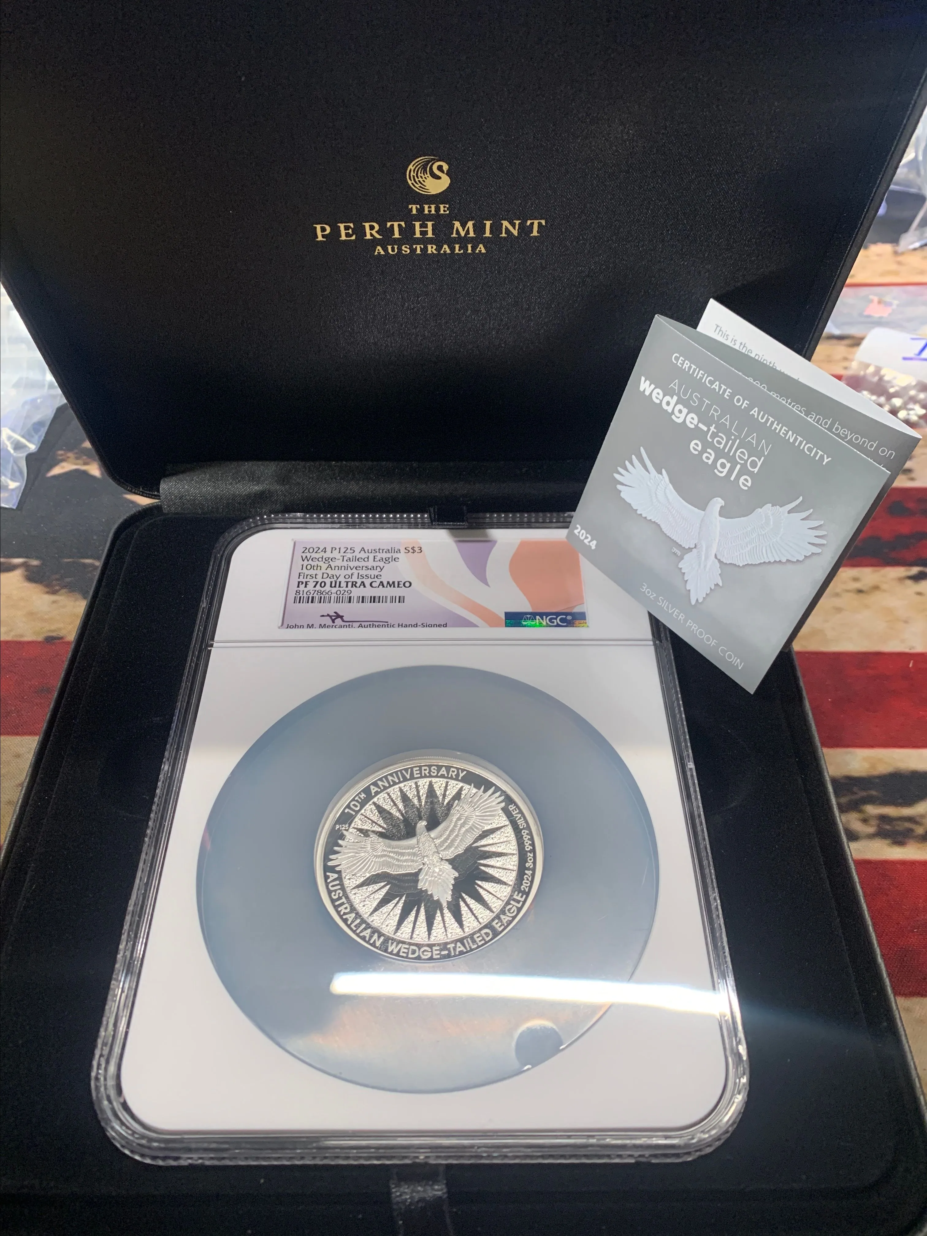 Product image for 2024 P125 $2 PROOF AUSTRALIA 3 OZ SILVER WEDGE TAILED EAGLE 10TH ANNIVERSARY NGC PF70 UC FDI JOHN MERCANTI SIGNED AUSTRALIA FLAG LABEL