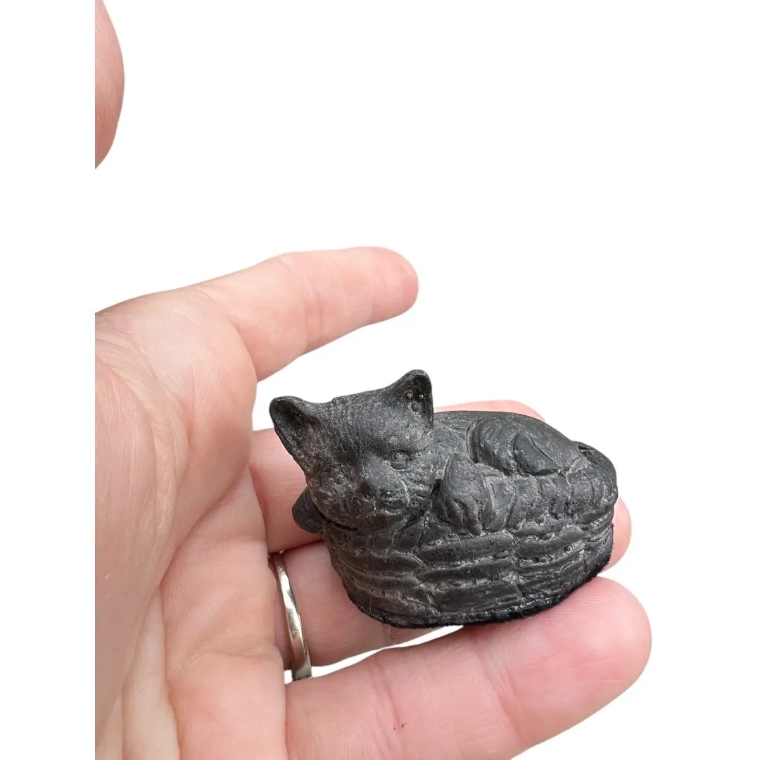 Product image for Miniature cat in a basket cat collectors sweet cat made with real coal vintage