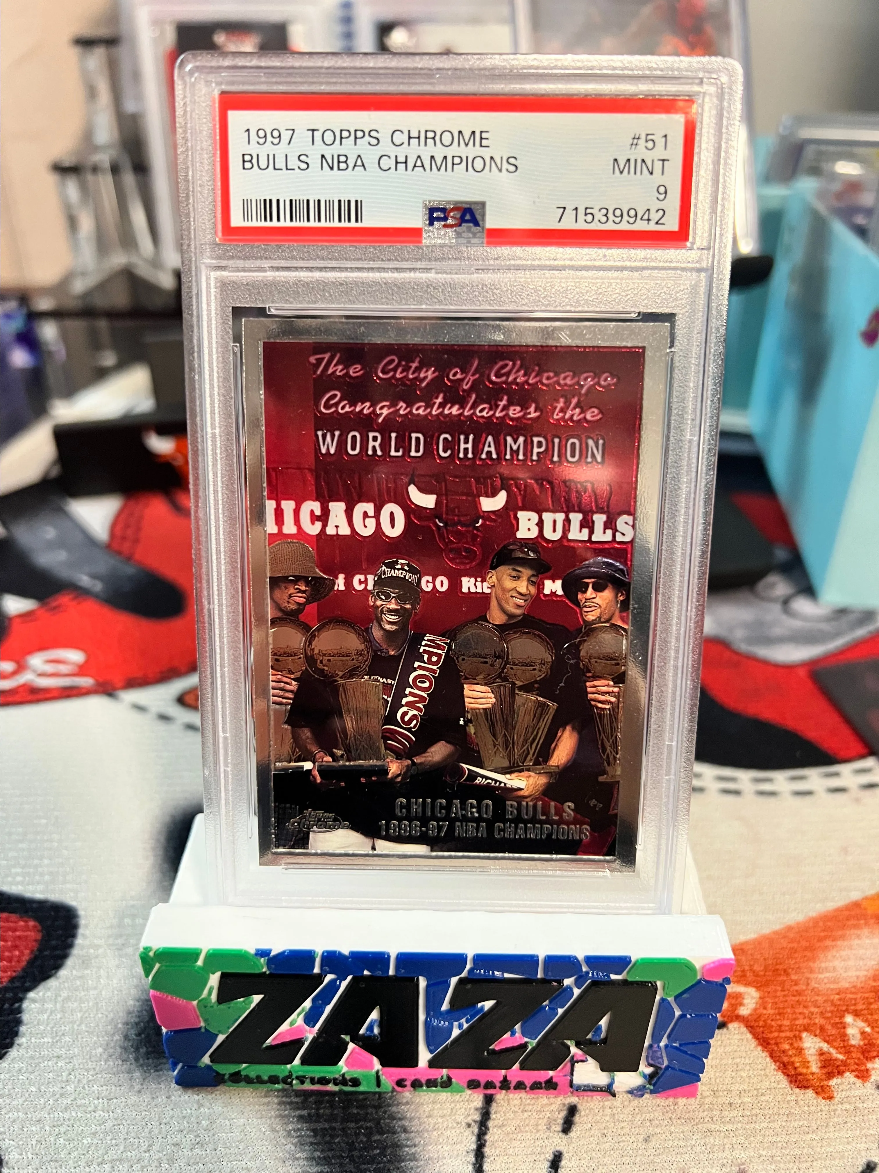 Product image for 1997 Topps Chrome Bulls NBA Champions #51 PSA Mint 9 w/ Jordan, Pippen & Rodman