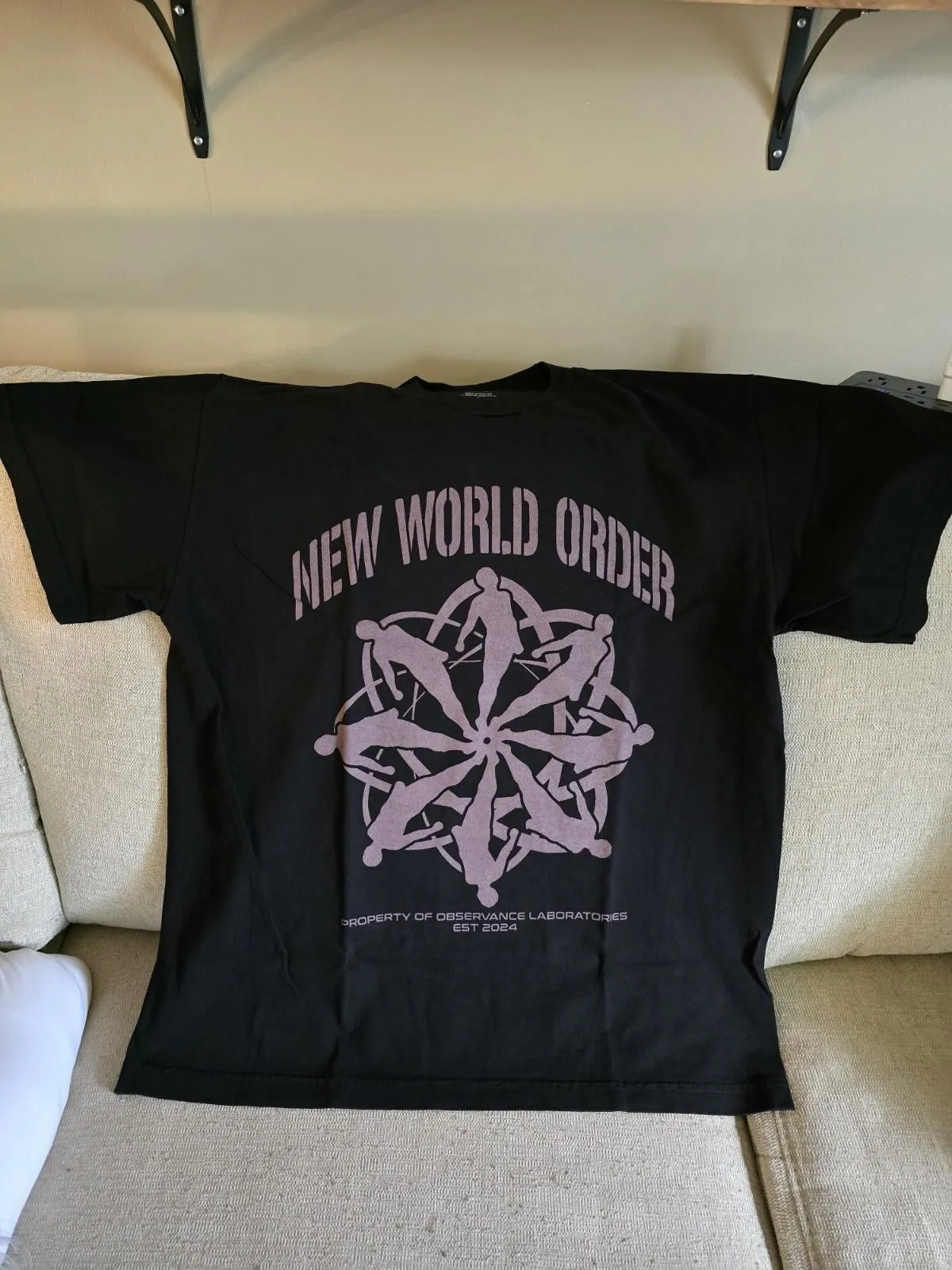 Product image for Black Graphic T-Shirt Observance Labs “NWO” Shirt Size L