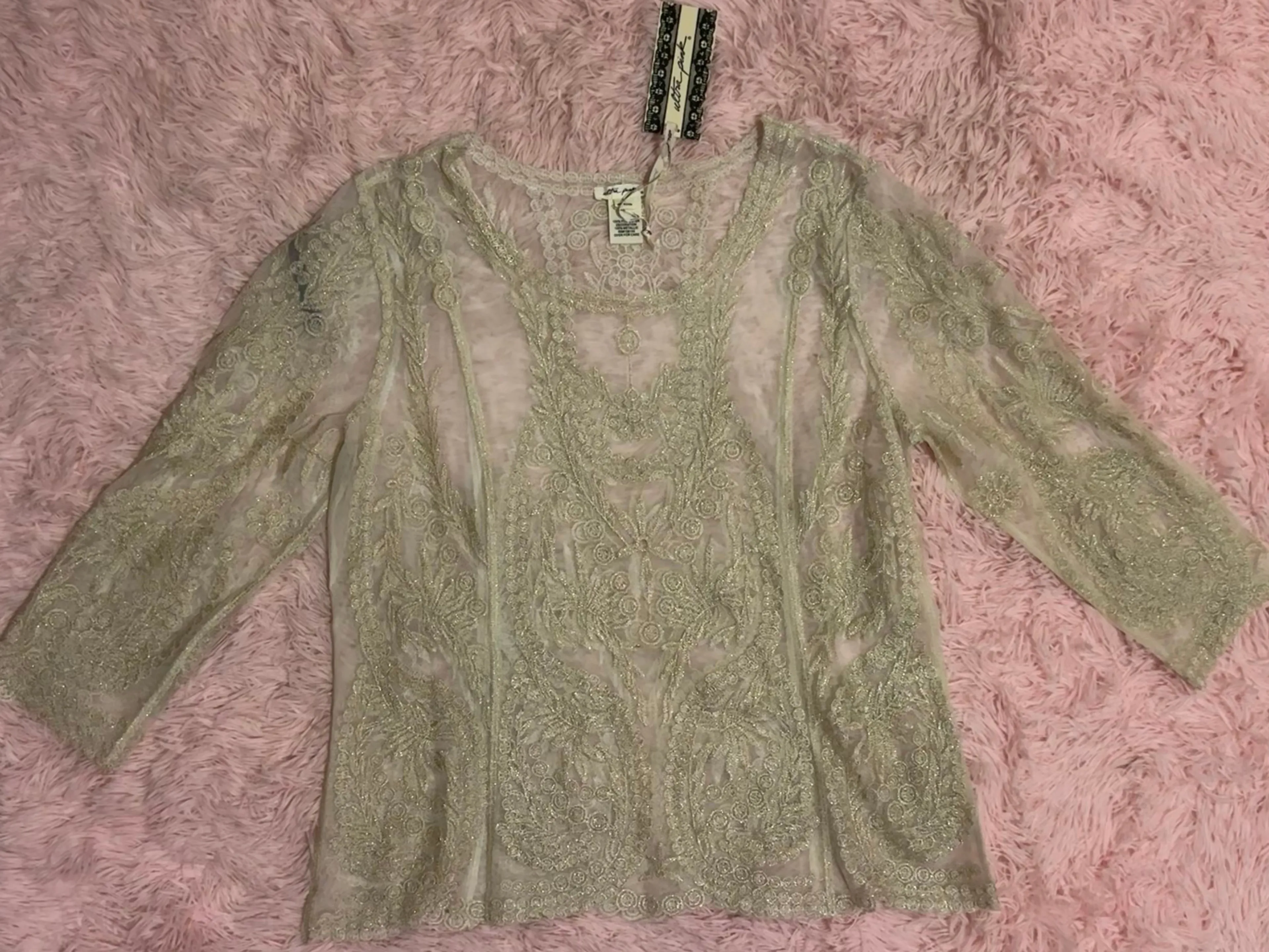 Product image for NWT Cream Lace Top Ultra Pink Embellished Long Sleeve Blouse Medium