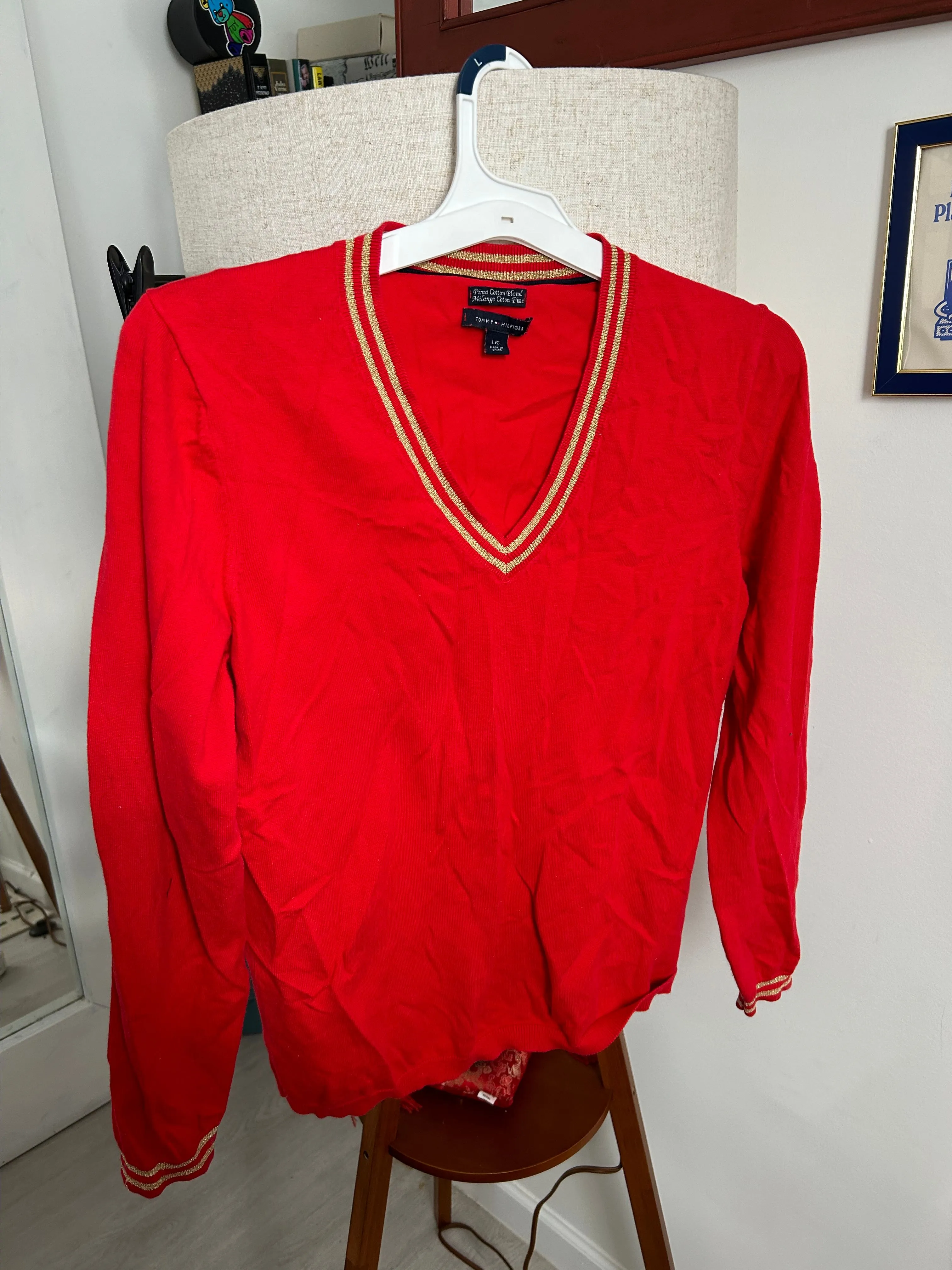 Product image for TOMMY HILFIGER Womens V-Neck Jumper Sweater Red Cotton