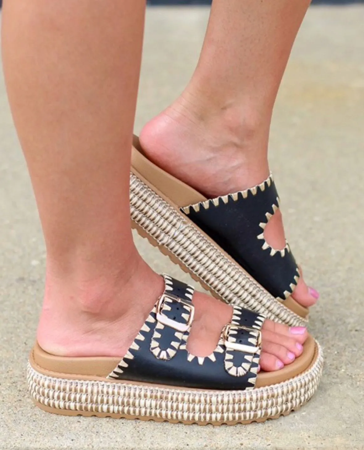 Product image for Raffia Stitch Buckle Platform Sandal - Black