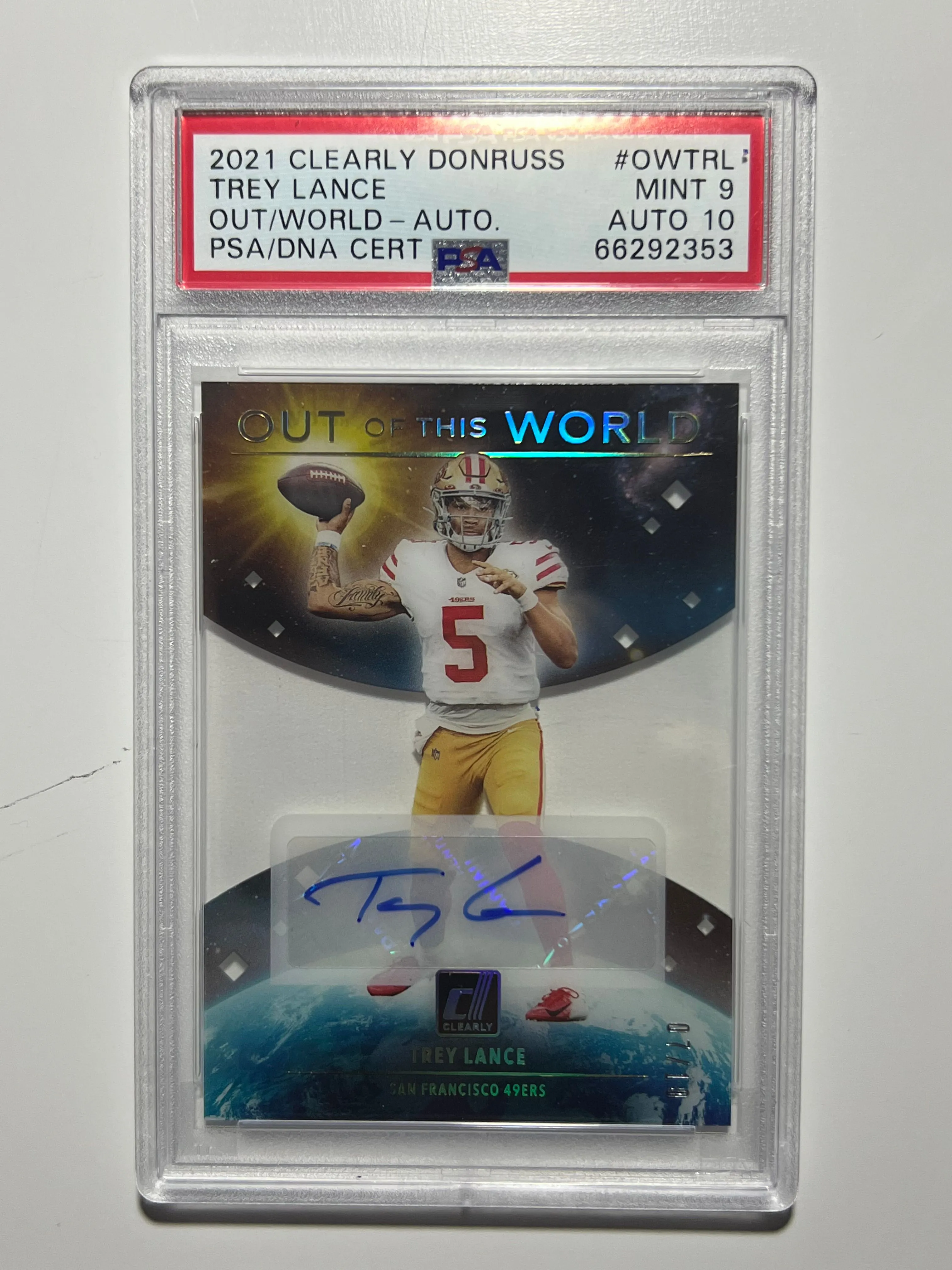 Product image for 2021 Clearly Donruss Trey Lance Out Of This World Auto 07/10 Pop 1 No Higher 🔥
