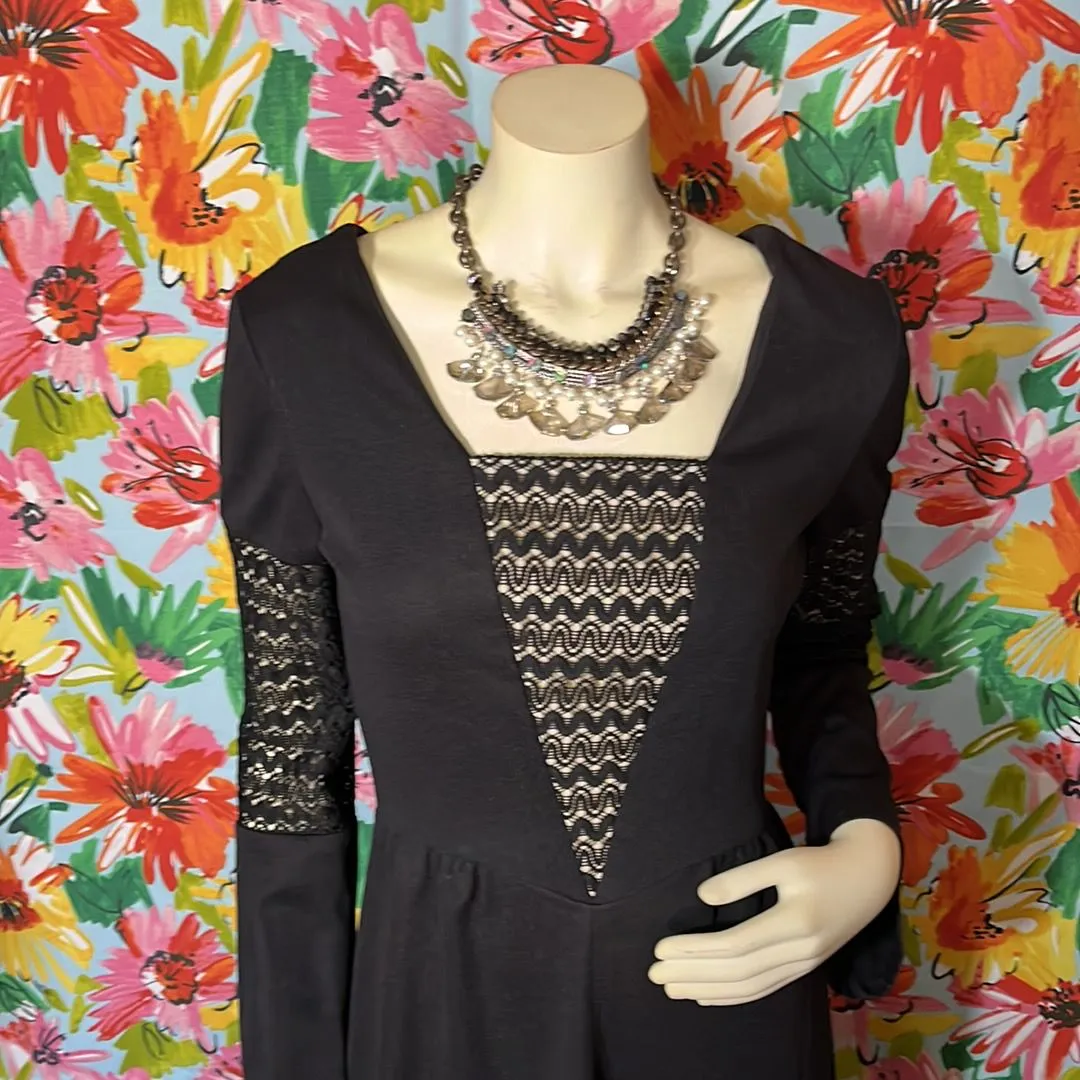 Product image for Vintage Black Gown With Lace Neck & Arm Inserts