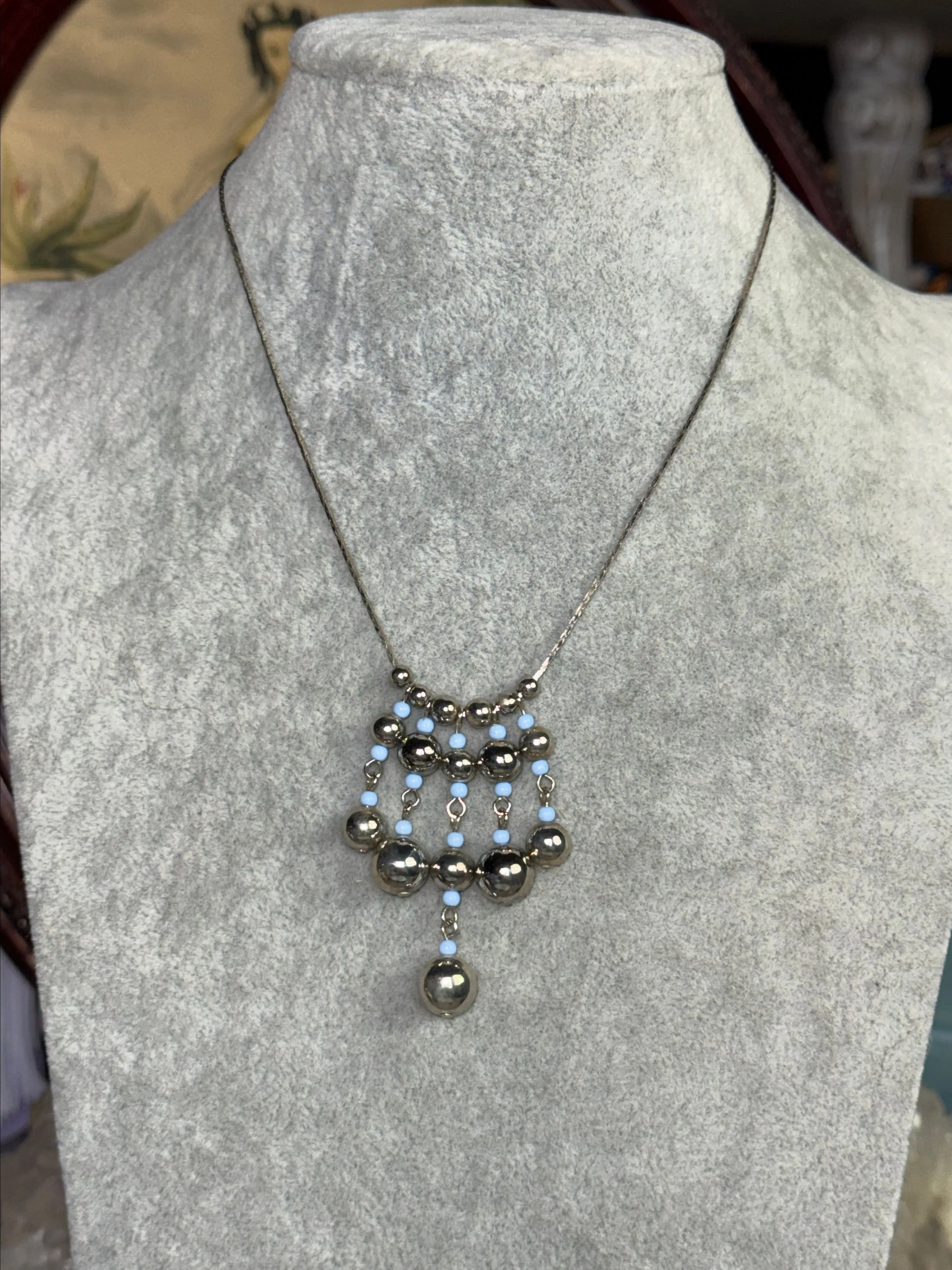 Product image for Silver Tone Beaded Necklace with Metal Pendants Party Jewelry