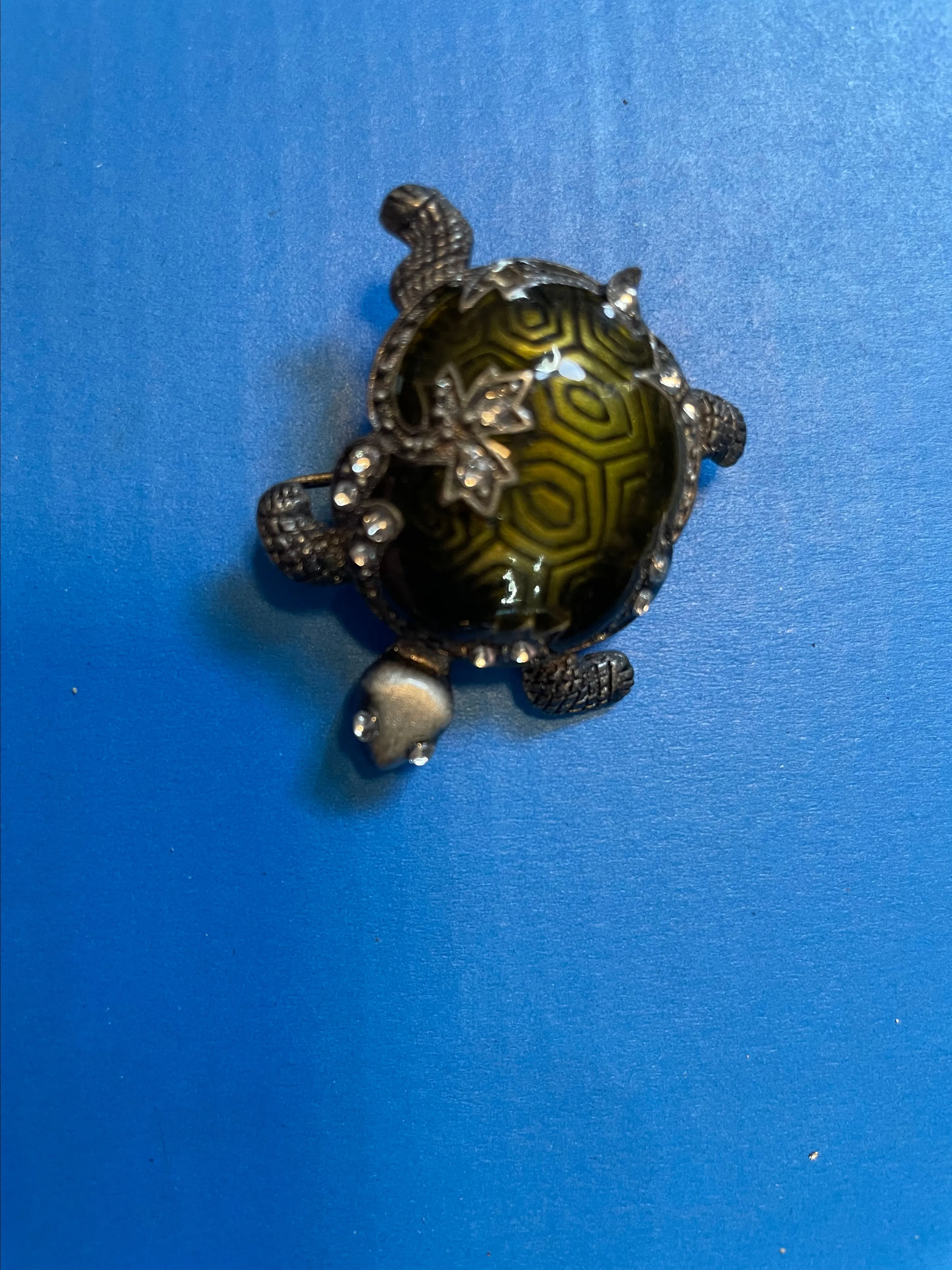 Product image for Turtle Brooch Pin Green Enamel With Clear Rhinestones Pewter Look Metal