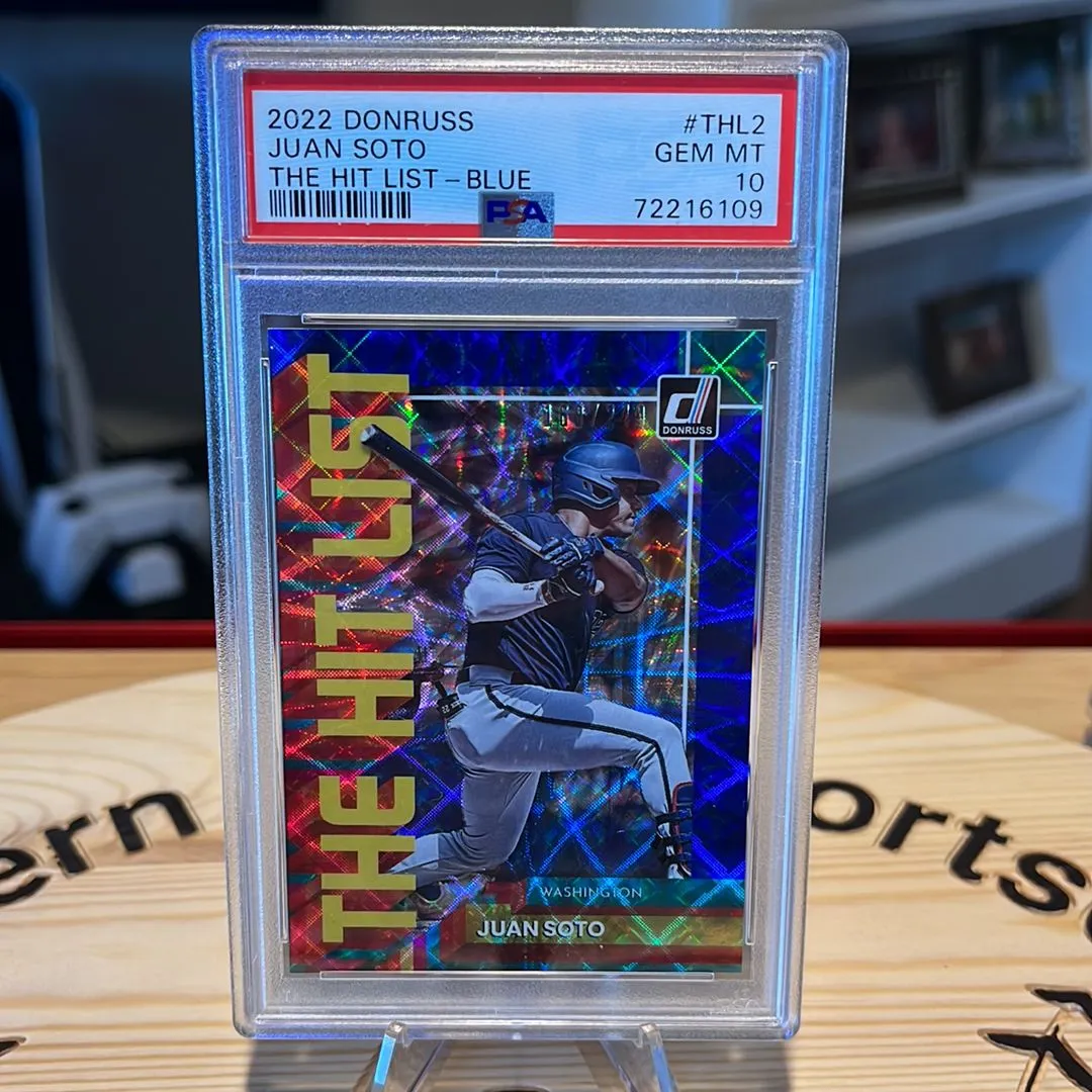 Product image for 2022 Panini Donruss The Hit List Juan Soto THL2 The Hit List-Blue PSA GEM MT 10