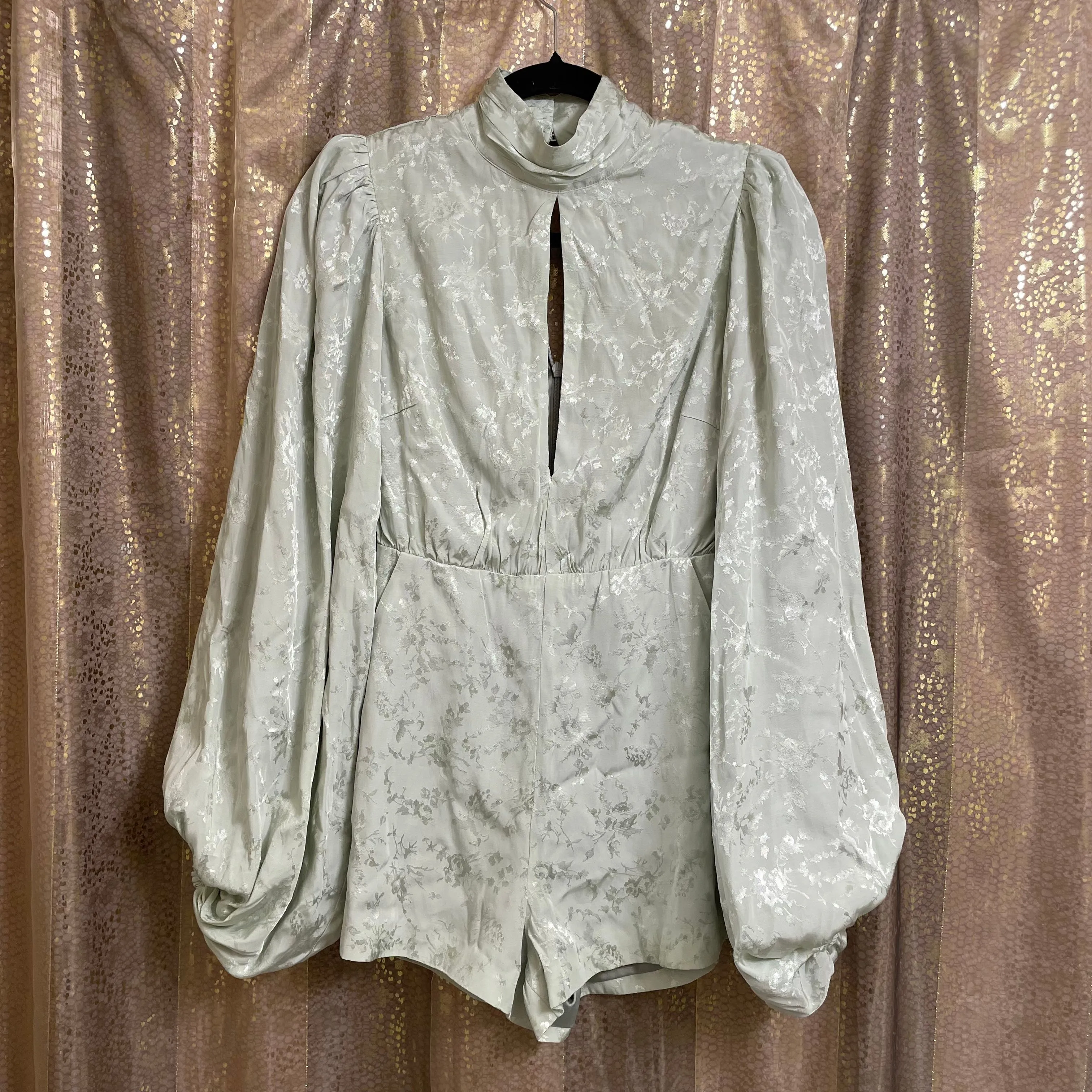 Product image for Lovers + Friends Gabriela Jacquard Balloon Sleeve Floral Romper Jade Green XS NWT