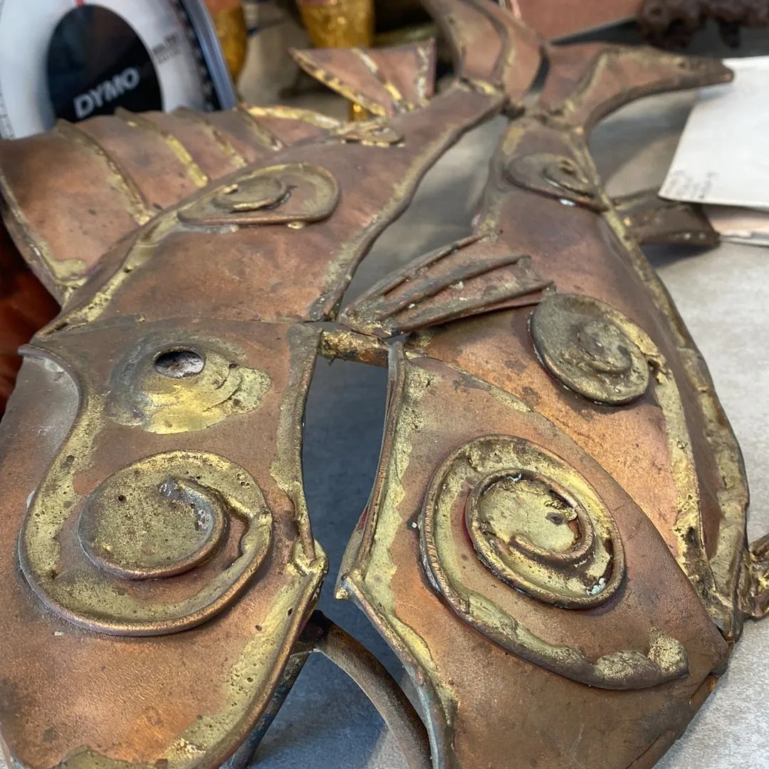 Product image for Brass copper metal wall art Curtis jere style brutalist mid century glam ocean fish school