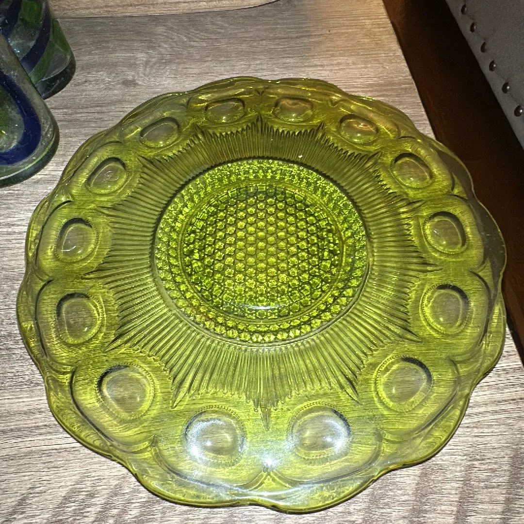 Product image for Vintage Green Depression Glass Sunflower Pattern Round Platter