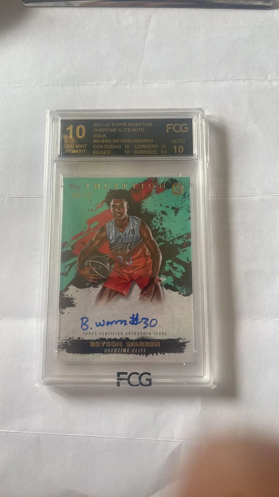 Product image for 2021-22 Topps Inception OTE Auto Aqua Bryson Warren FCG 10  04/10