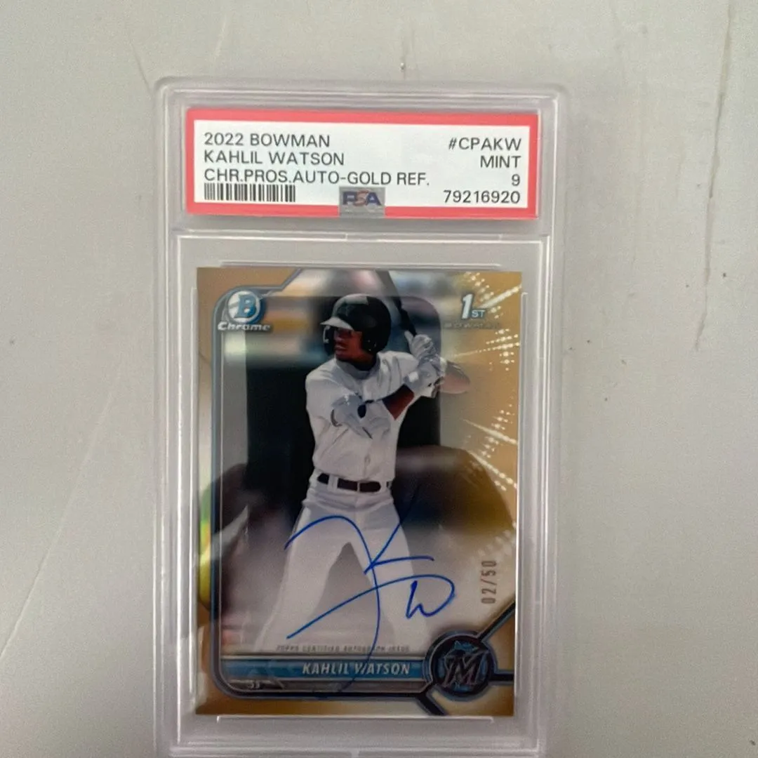 Product image for 2022 Bowman Chrome Prospect Autographs Kahlil Watson CPAKW Chr.Pros.Auto-Gold Ref. PSA MINT 9