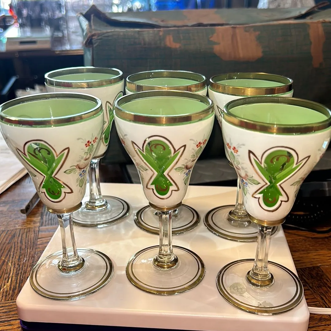 Product image for Moser Karlsbad? Bohemian Glass Cordial Set White Cased Cut to Green Painted Florals