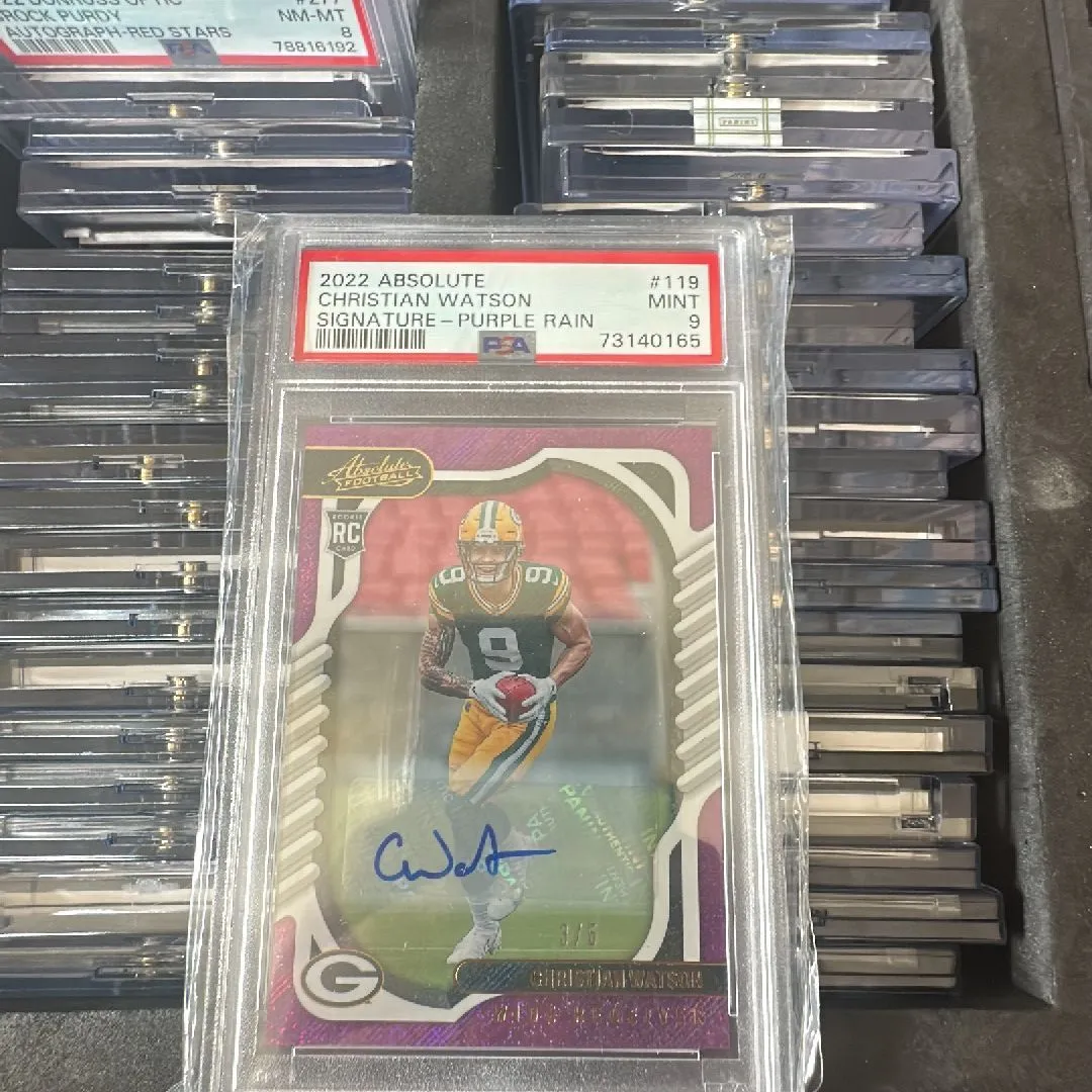 Product image for 2022 absolute Christian Watson signature, purple rain PSA nin￼
