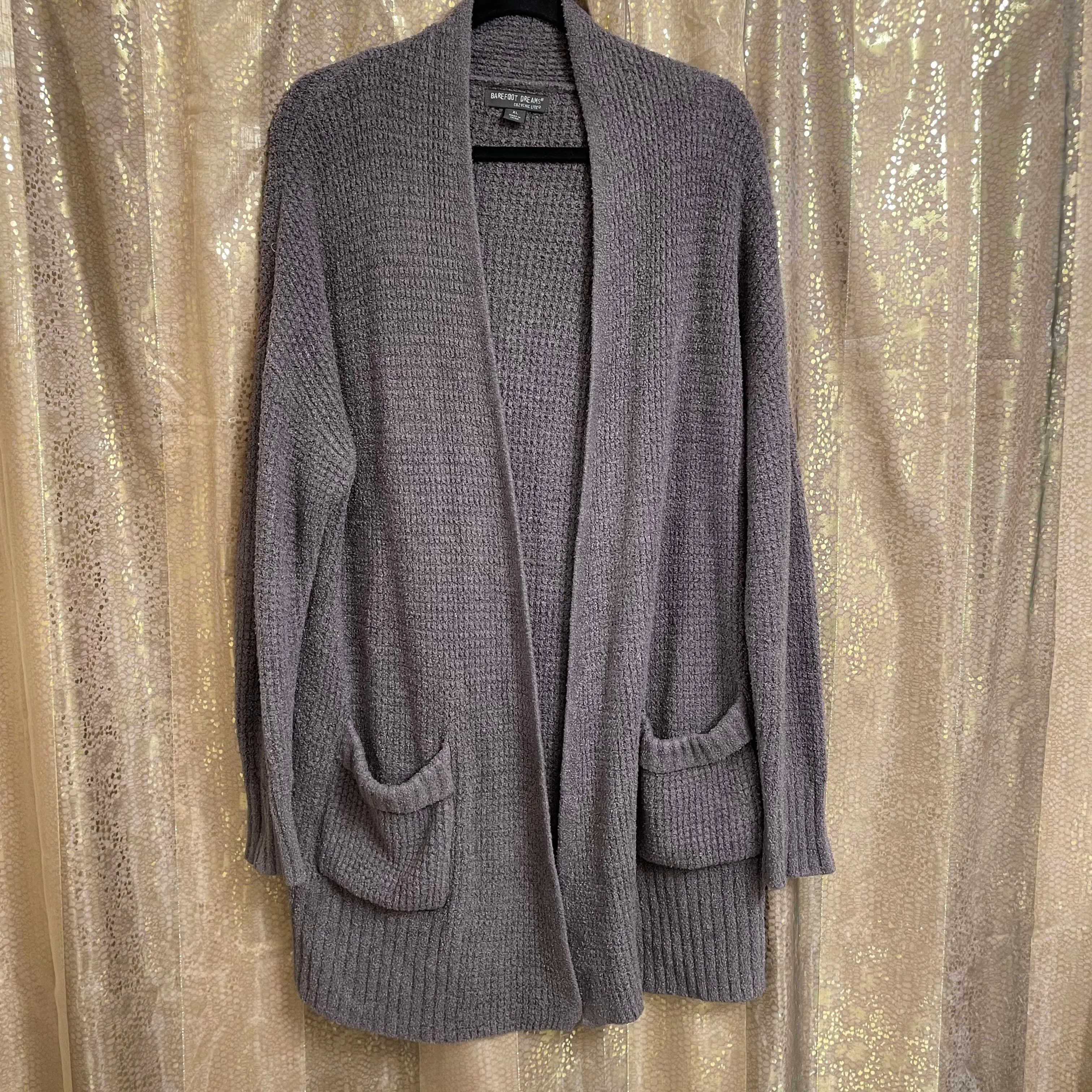 Product image for Barefoot Dreams Ash Dark Gray Waffle Knit CozyChic Lite Long Weekend Cardigan XL