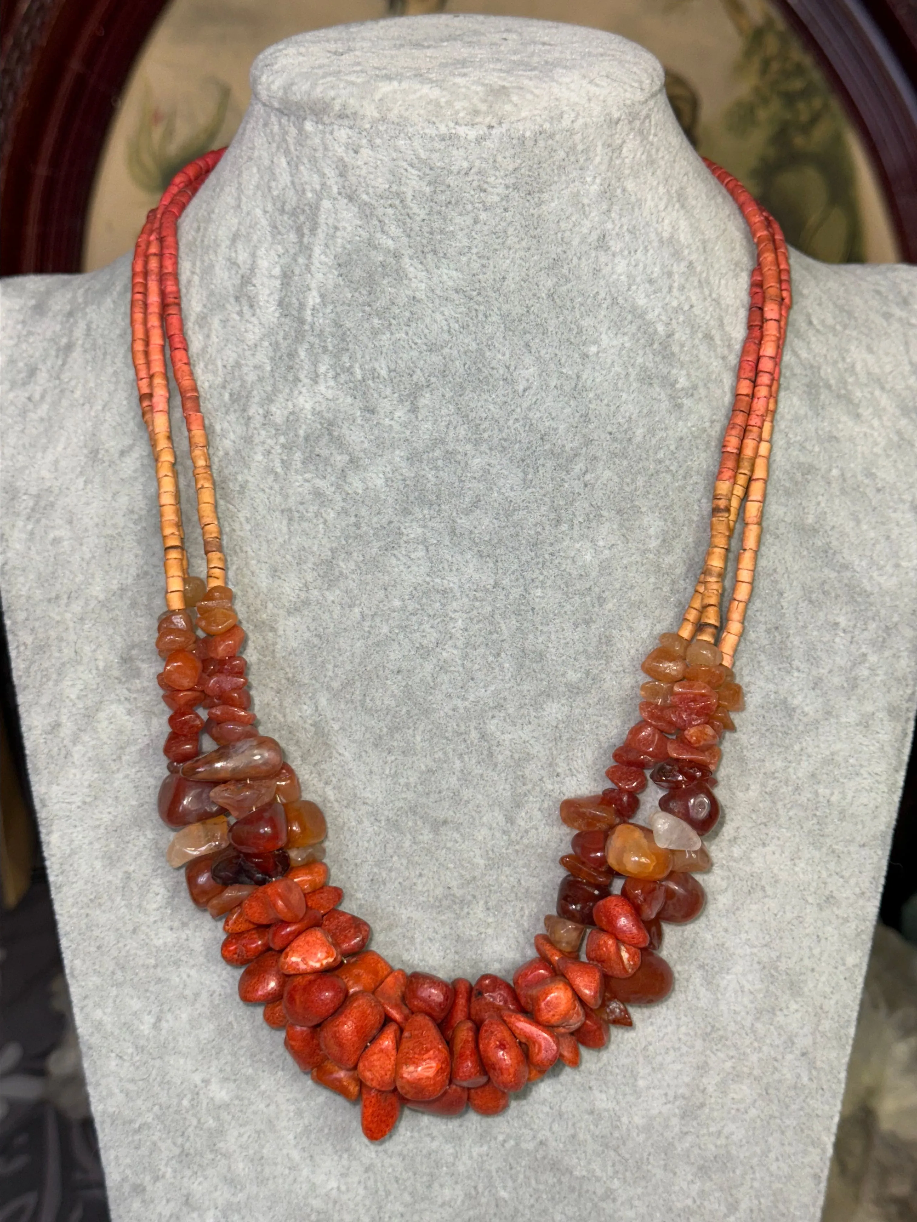 Product image for 72. Vintage Red Coral & Carnelian Ombre Beaded Necklace Unique Design