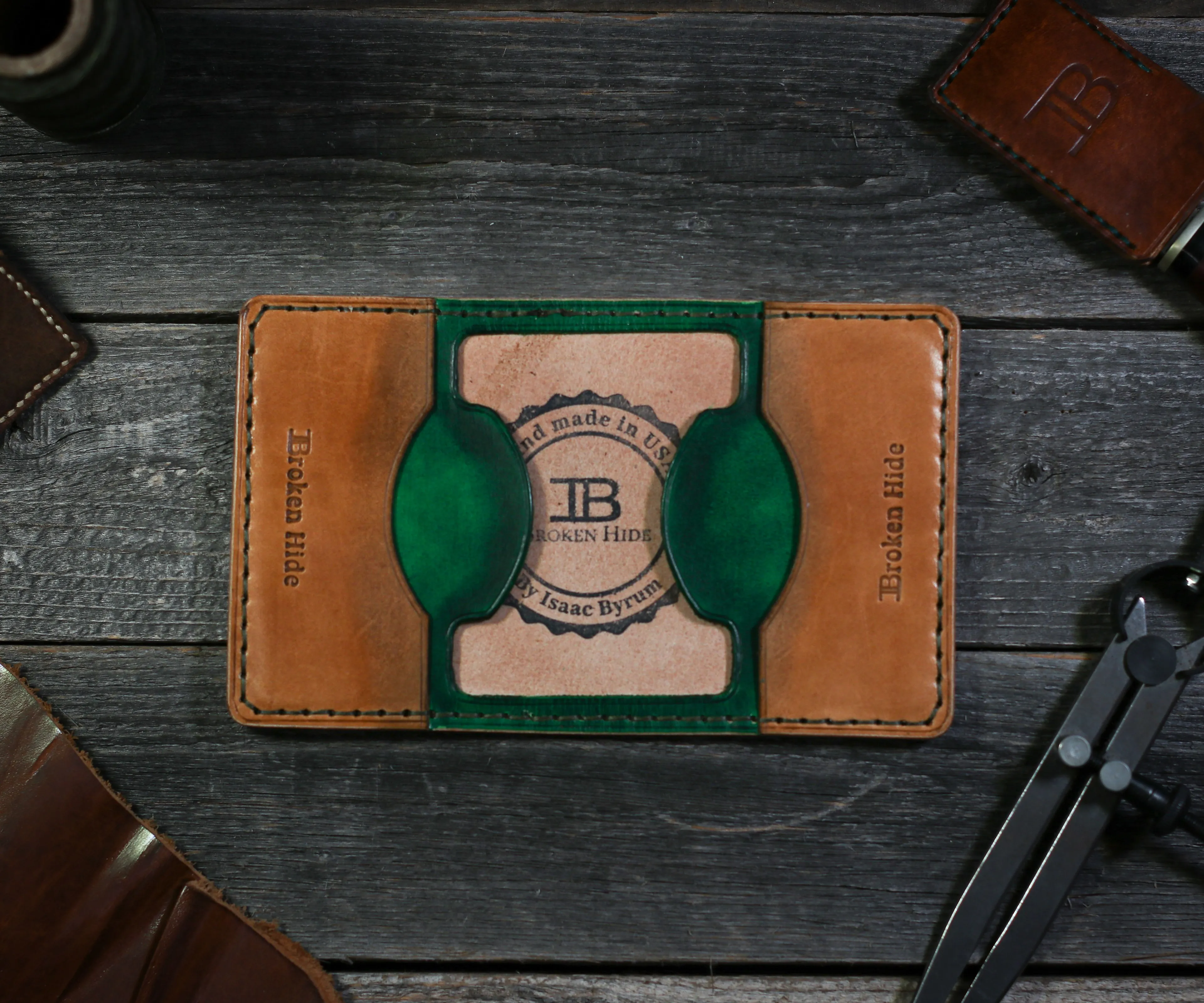 Product image for Broken Hide Bifold Wallet (Green Accent)