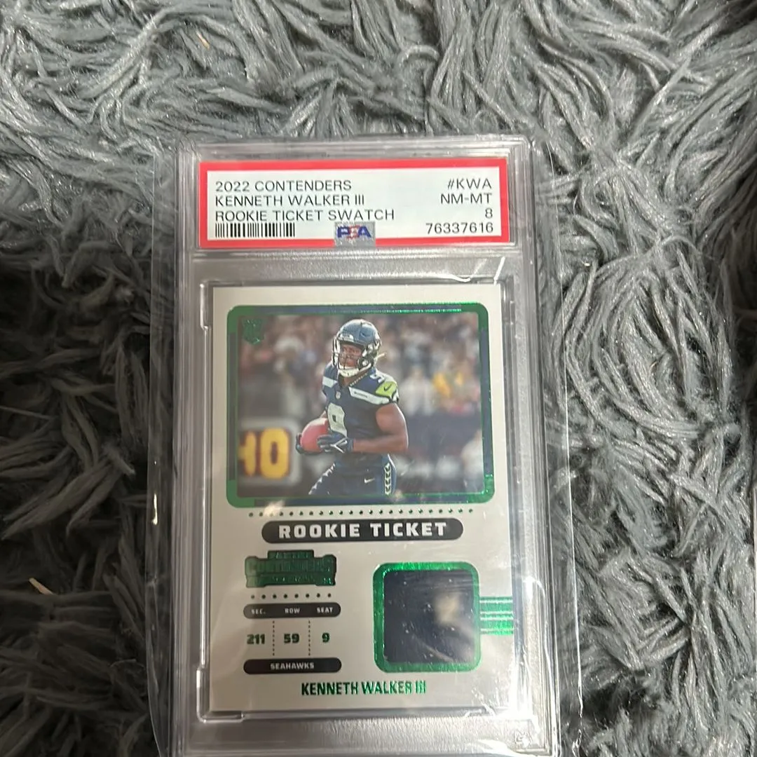 Product image for 2022 Panini Contenders Rookie Ticket Swatches Kenneth Walker Iii KWA Rookie Ticket Swatch PSA NM-MT