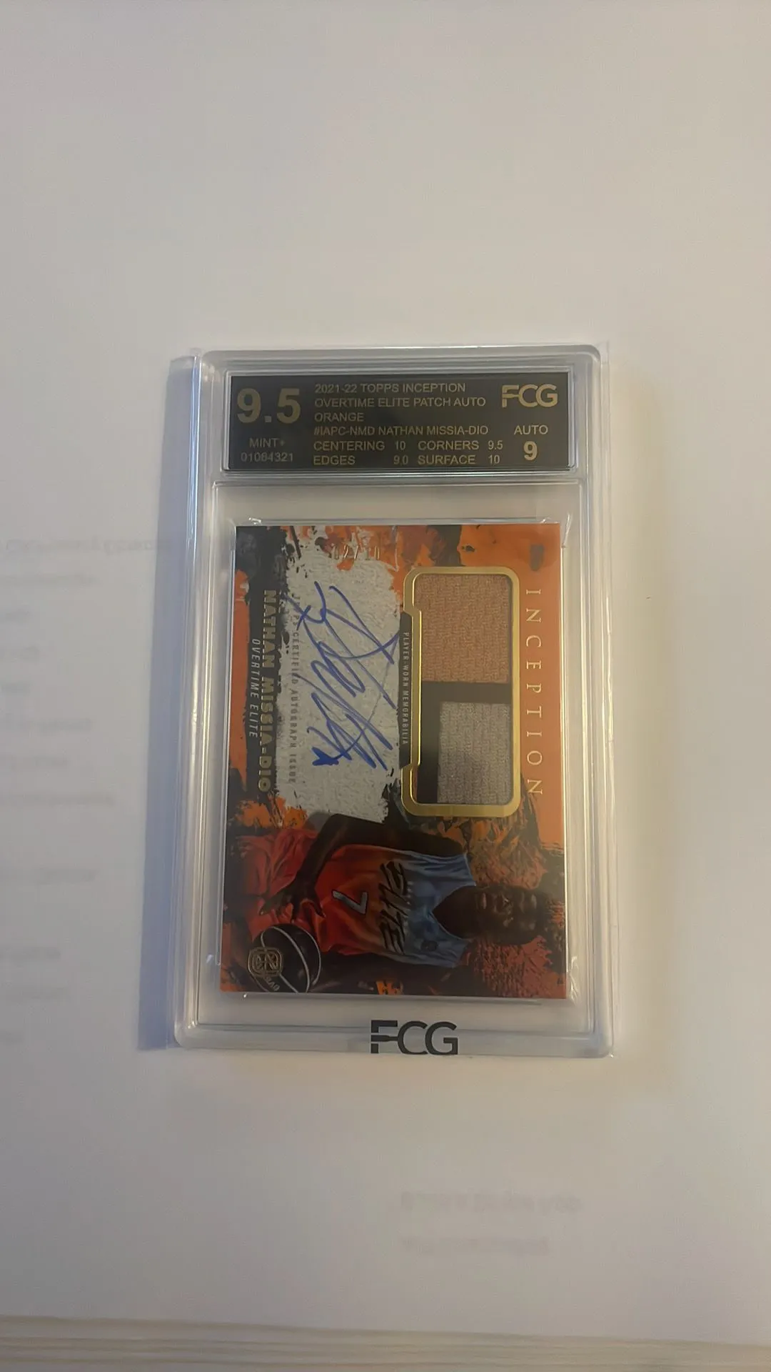 Product image for 2021-22 Topps Inception OTE Patch Auto Orange Nathan Missia-Dio 02/10
