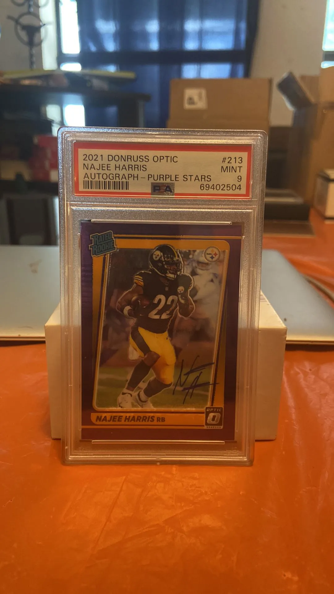 Product image for 2021 Panini Donruss Optic Najee Harris 213 Autograph-Purple Stars PSA MINT 9